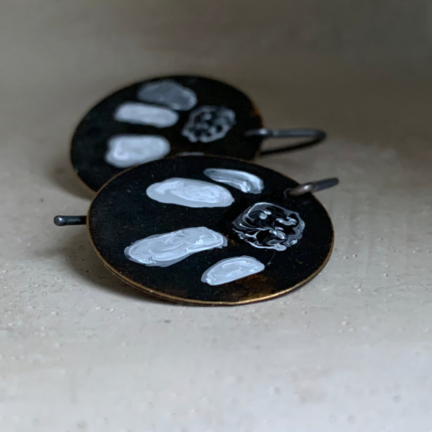 Brass and Sterling Silver Earrings 'White & Black Flower'