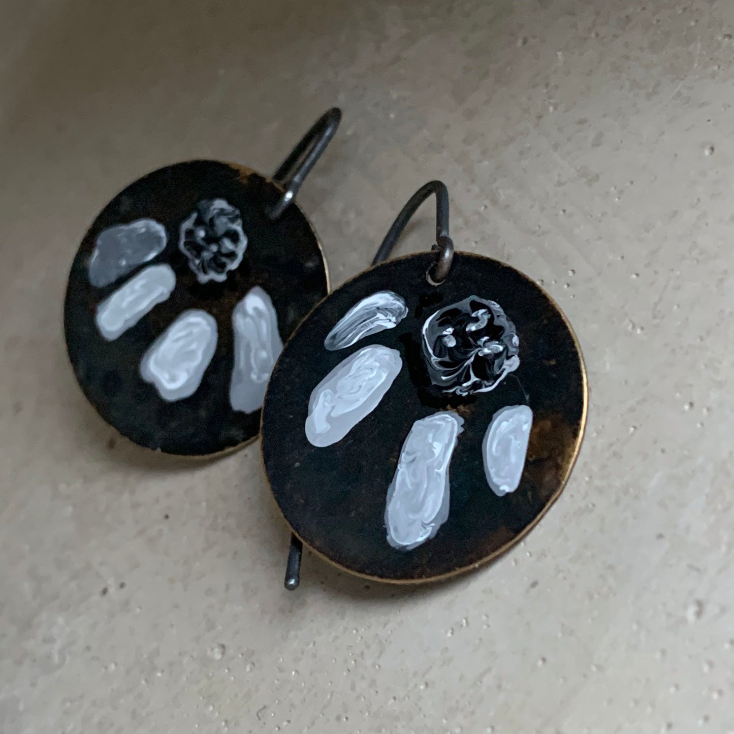 Brass and Sterling Silver Earrings 'White & Black Flower'