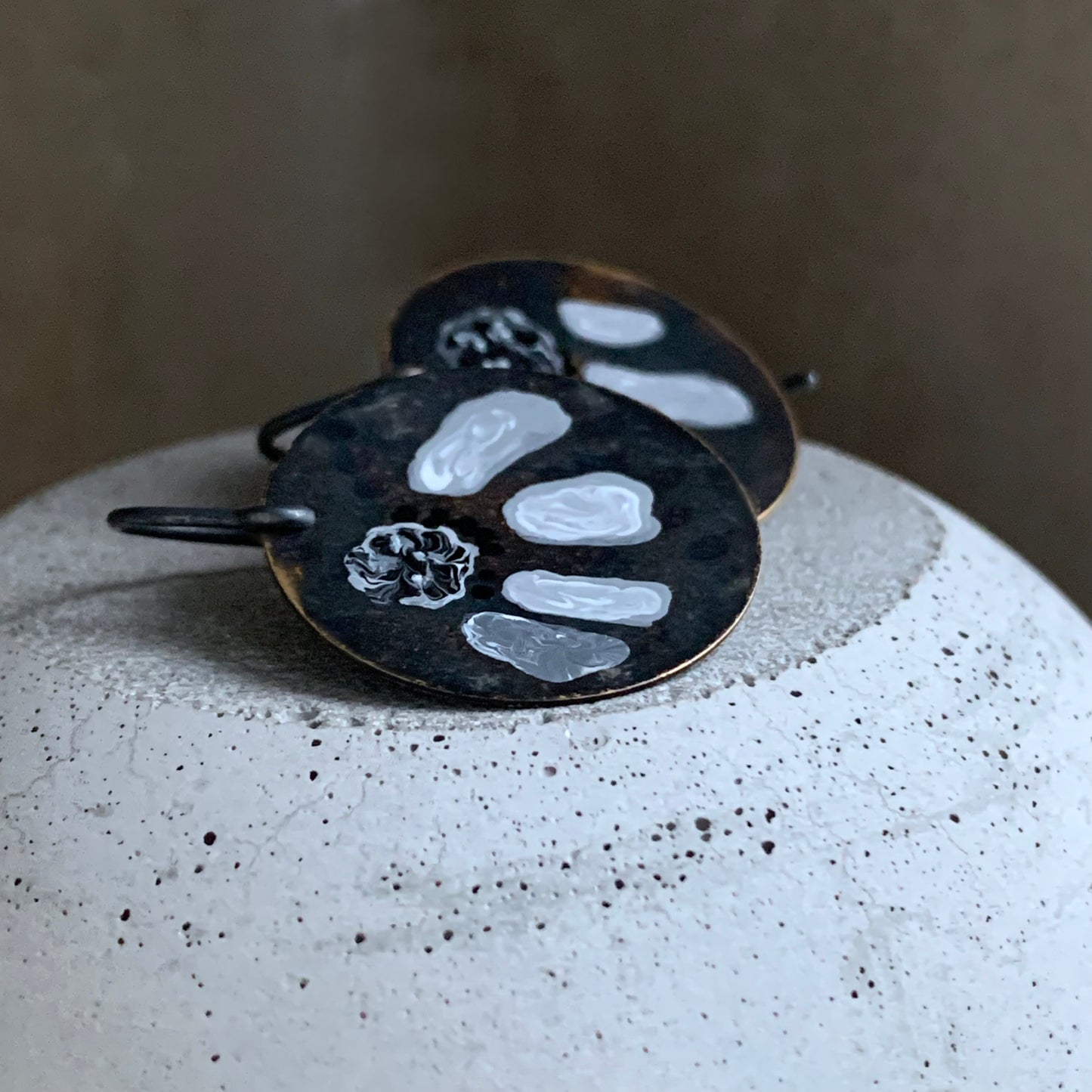 Brass and Sterling Silver Earrings 'White & Black Flower'
