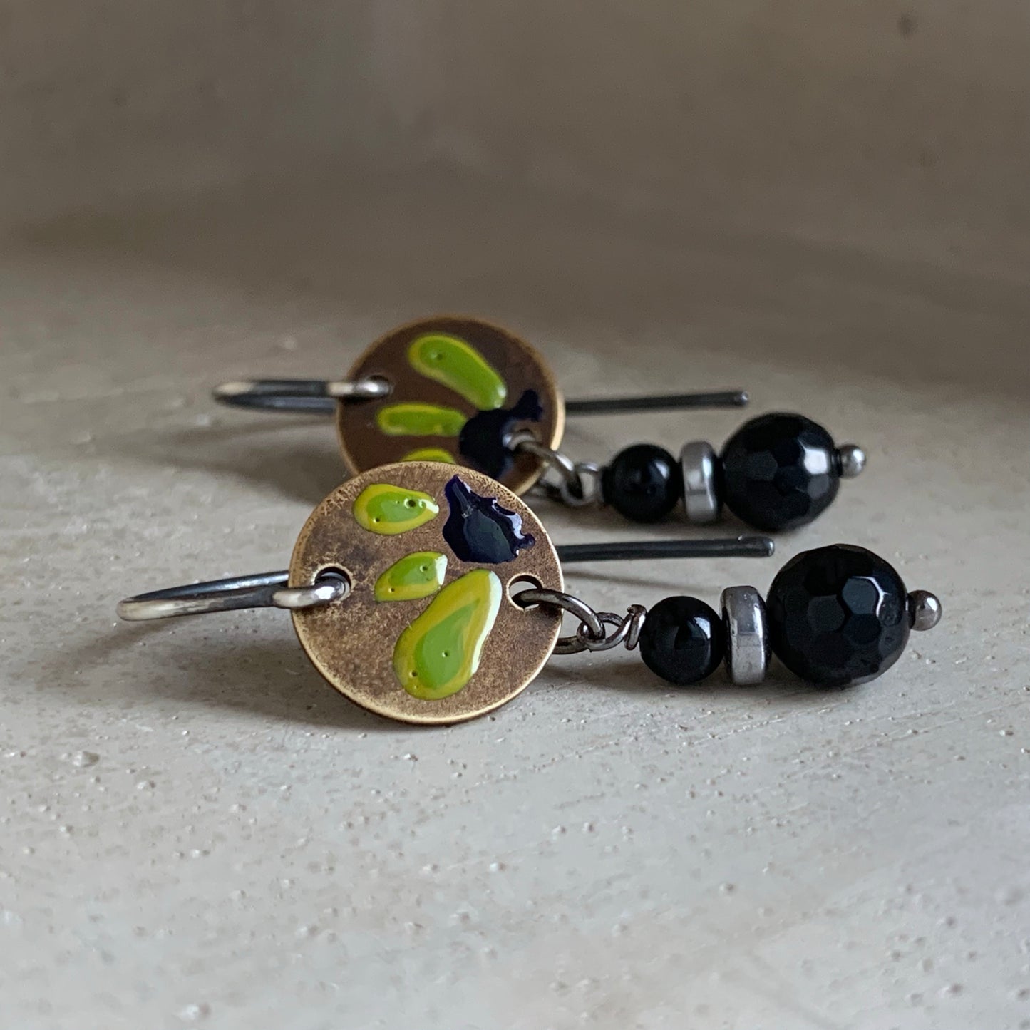 Brass, Silver and Onyx Earrings with Enamel 'Flowers & Onyx'