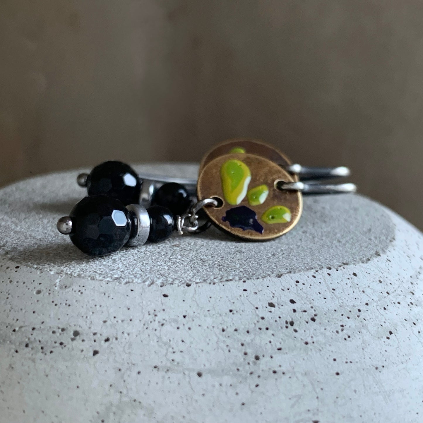 Brass, Silver and Onyx Earrings with Enamel 'Flowers & Onyx'