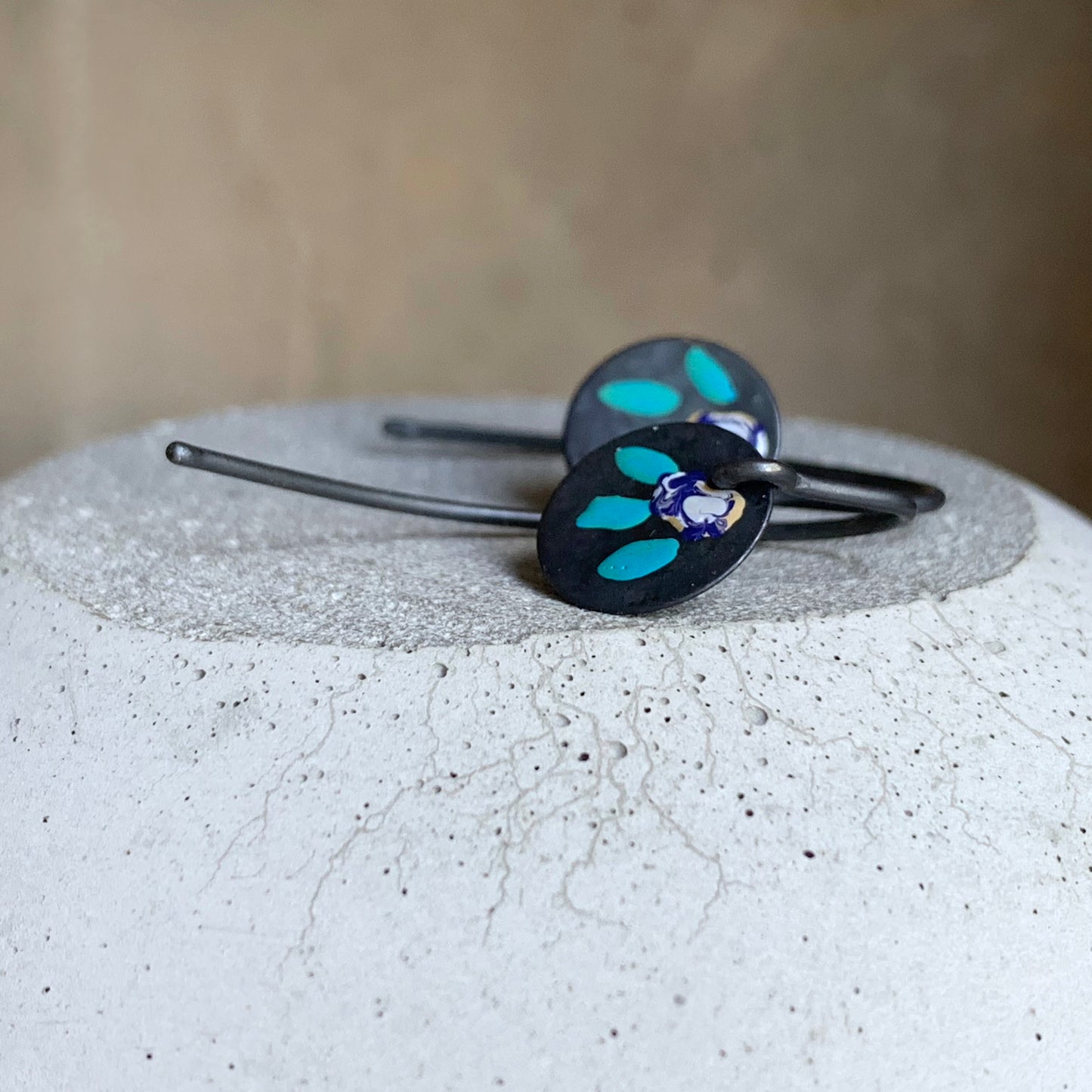Enamelled Silver Earrings 'Field Flowers – Navy Blue With Milk & Turquoise'