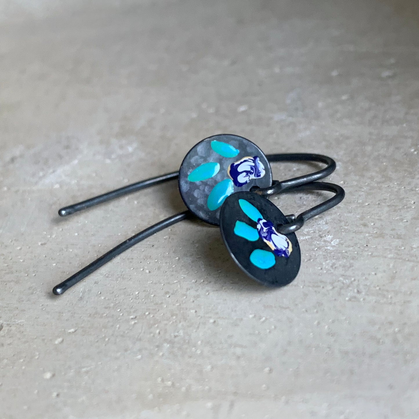 Enamelled Silver Earrings 'Field Flowers – Navy Blue With Milk & Turquoise'