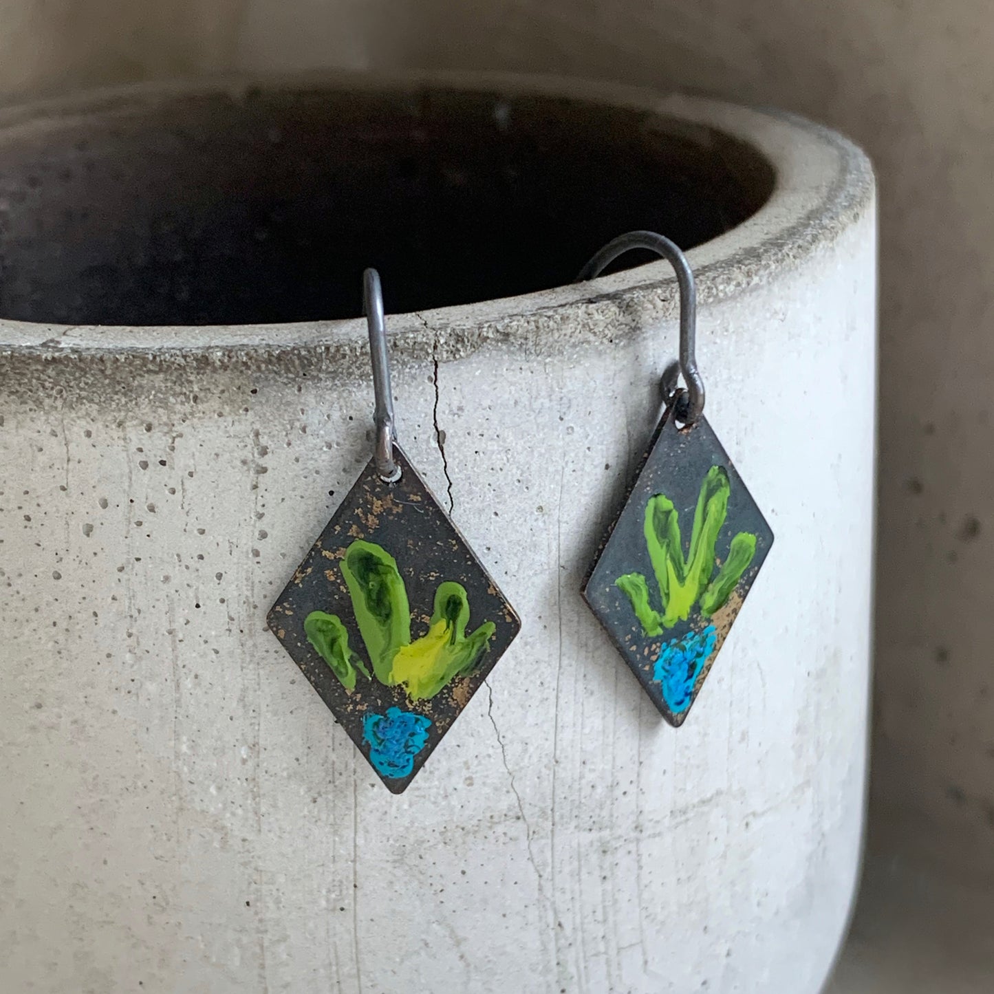 Brass and Silver Earrings 'Little Flowers - Blue & Lemon Green'