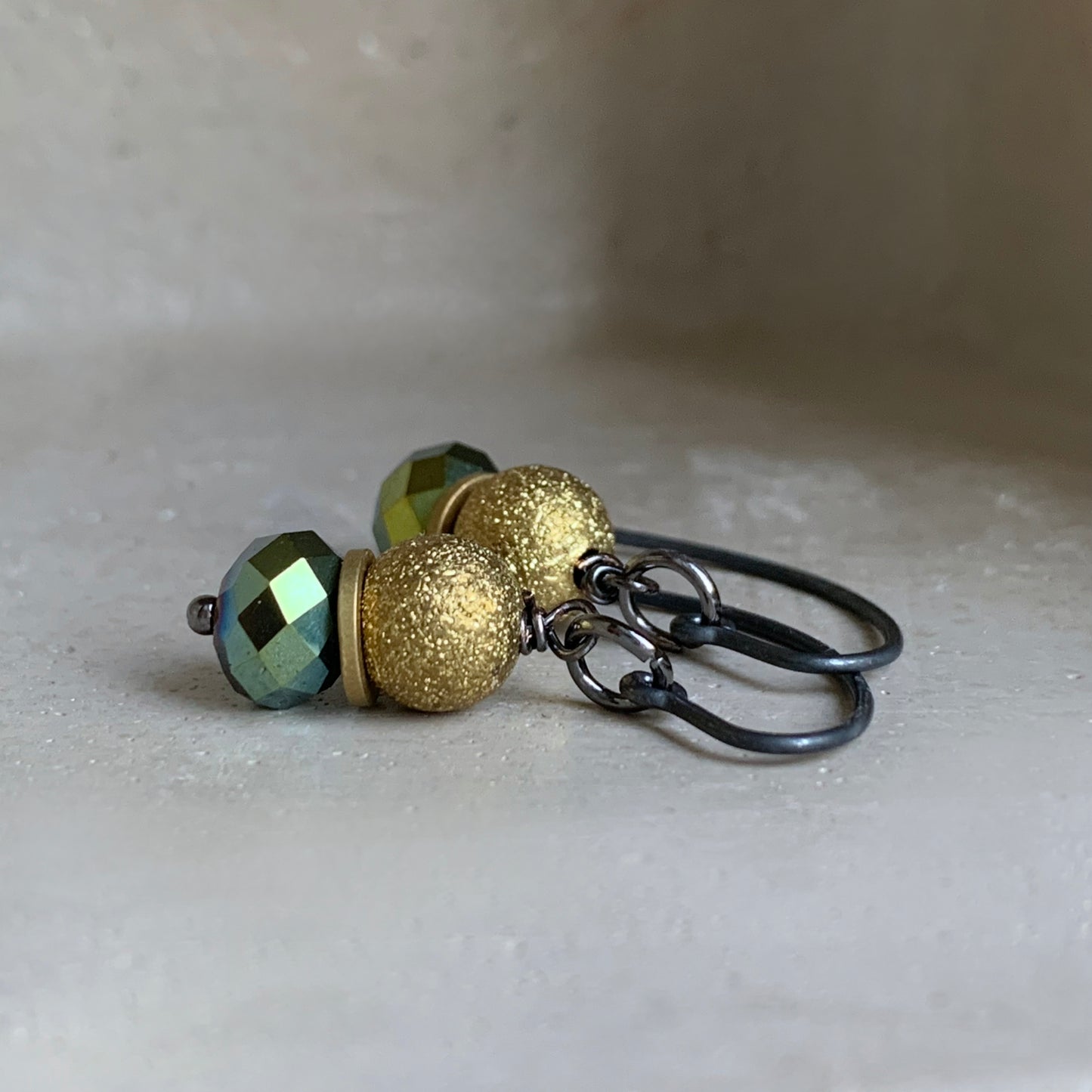 Brass, Glass and Silver Earrings 'Golden Shadow & Khaki Green'