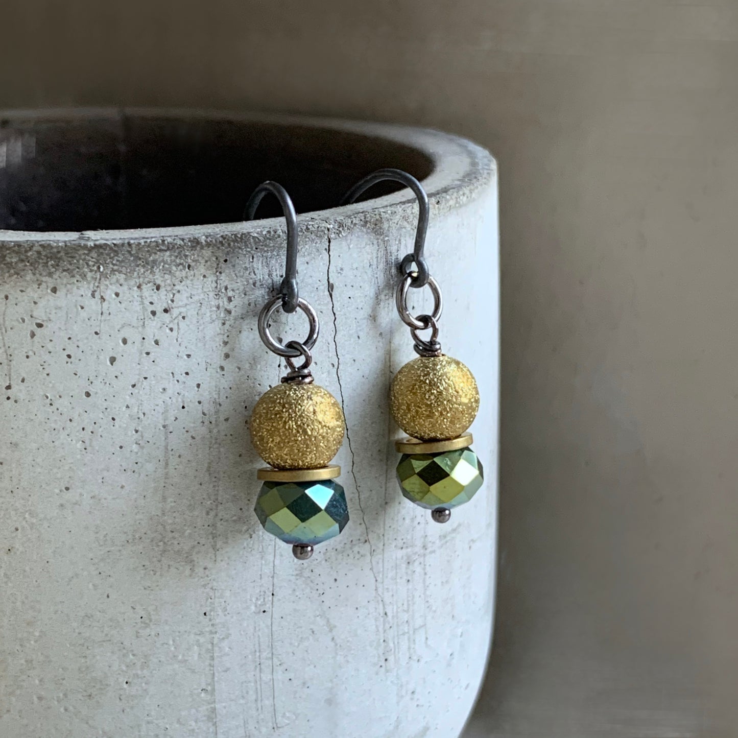 Brass, Glass and Silver Earrings 'Golden Shadow & Khaki Green'