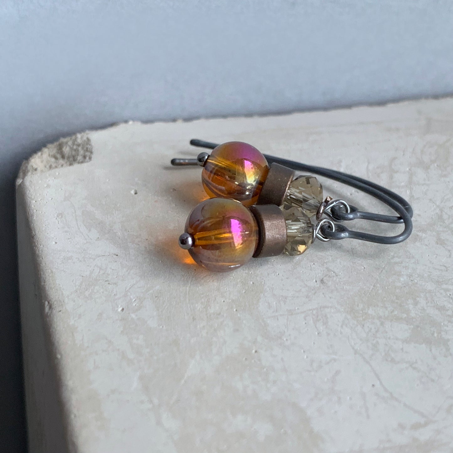 Sterling Silver, Brass and Glass Earrings 'Honey & Heather'