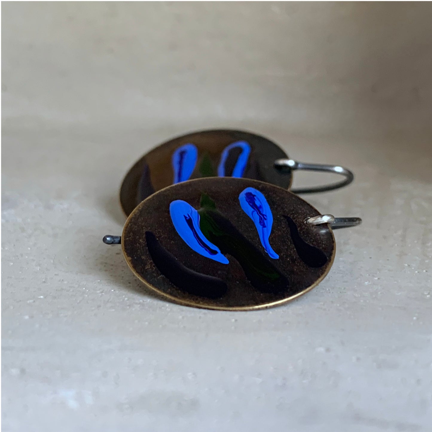 Brass and Silver Earrings with Enamel 'Dark Fish'
