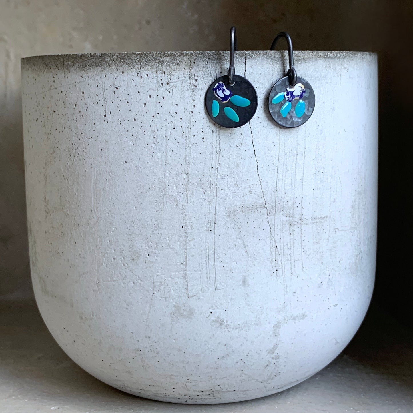 Enamelled Silver Earrings 'Field Flowers – Navy Blue With Milk & Turquoise'