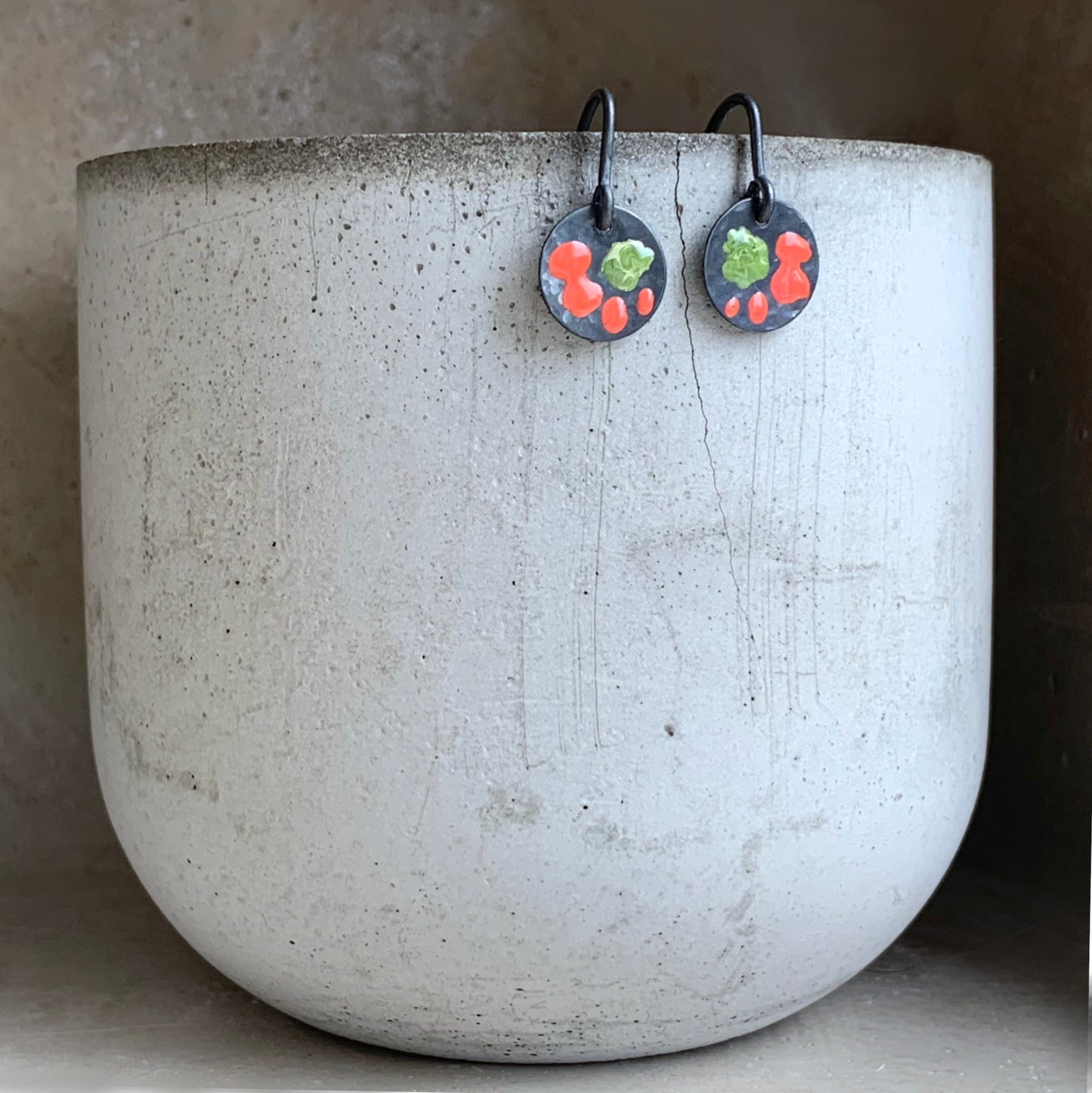 Enamelled Sterling Silver Earrings 'Wild Flowers - With Coral Red Petals'