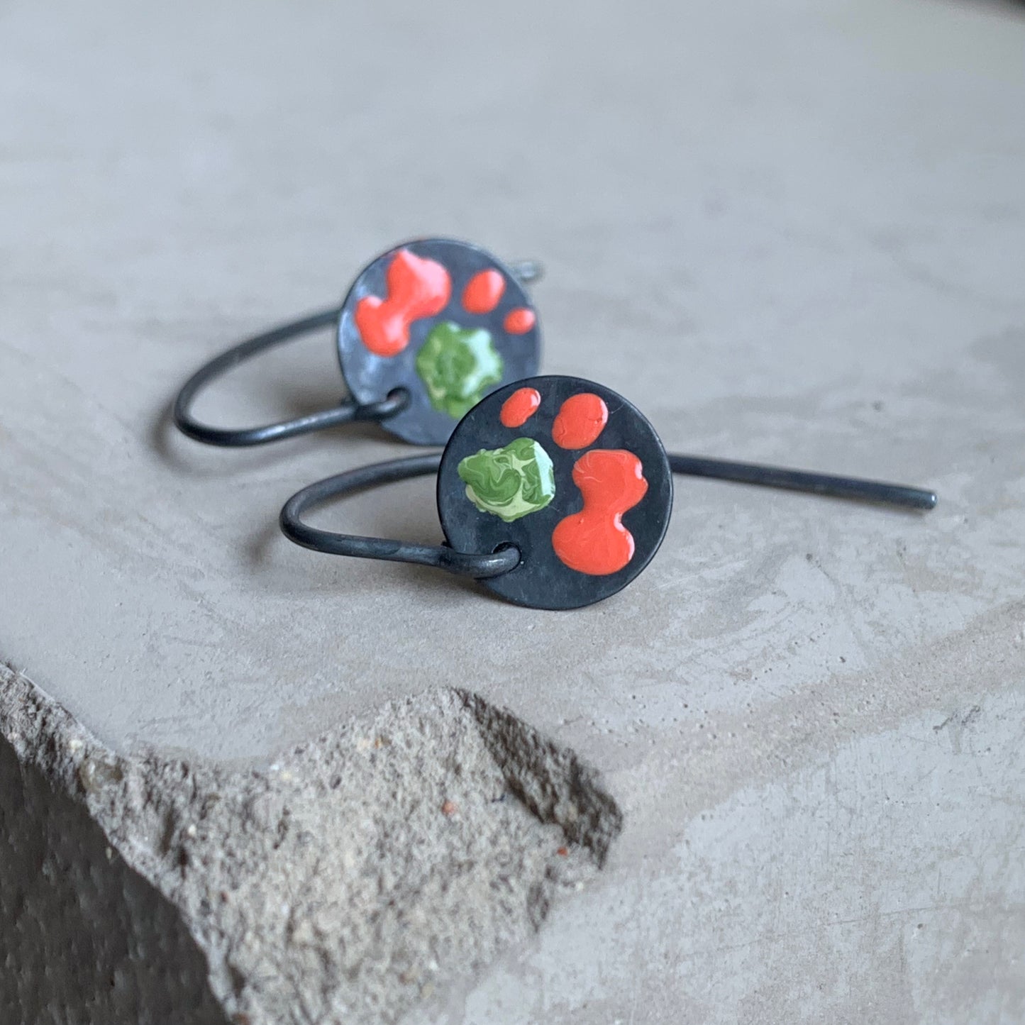 Enamelled Sterling Silver Earrings 'Wild Flowers - With Coral Red Petals'