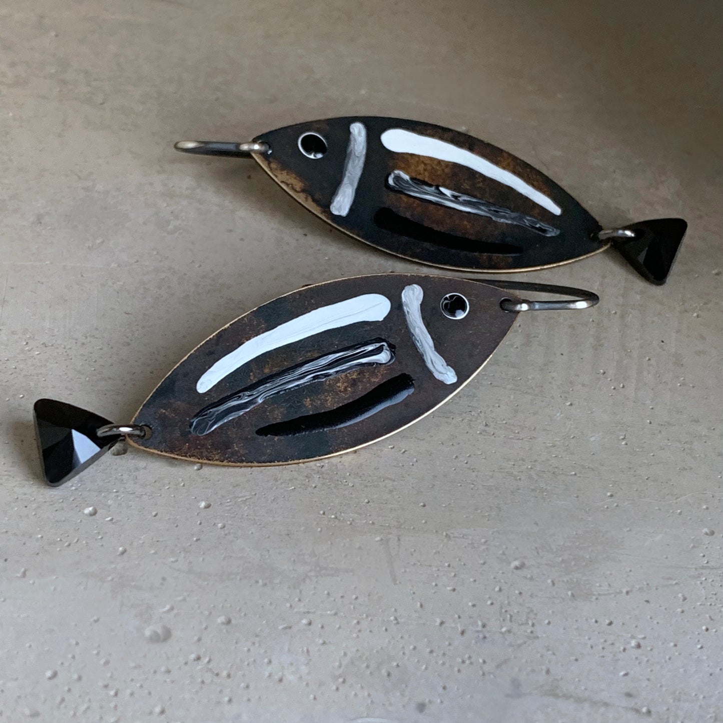 Brass, Sterling Silver, and Swarovski Crystal Earrings 'White & Black – Fish with Black Tail'