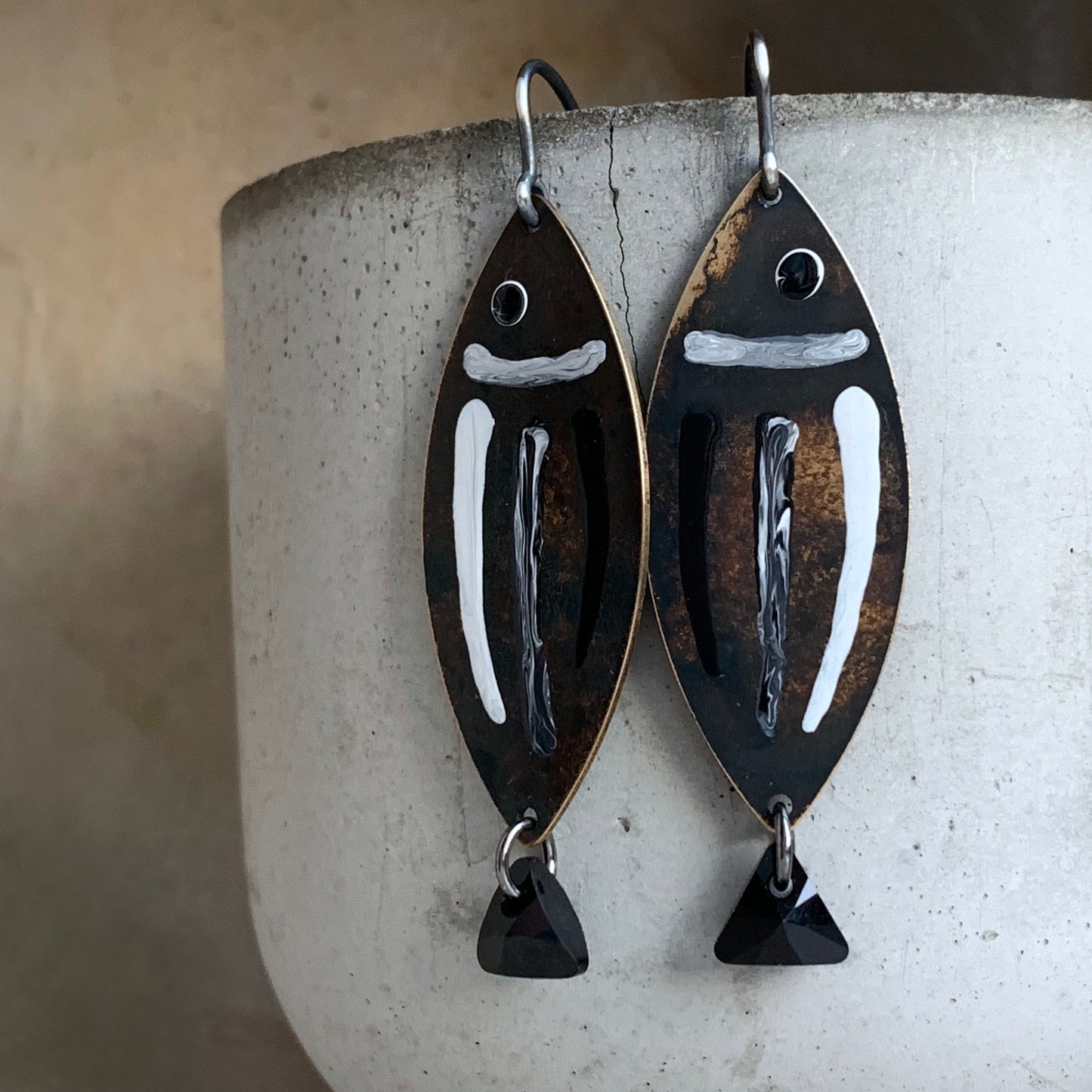 Brass, Sterling Silver, and Swarovski Crystal Earrings 'White & Black – Fish with Black Tail'