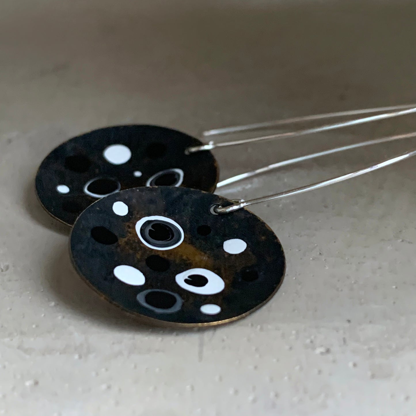 Brass and Sterling Silver Earrings with Enamel 'White & Black – Dotted Circles'