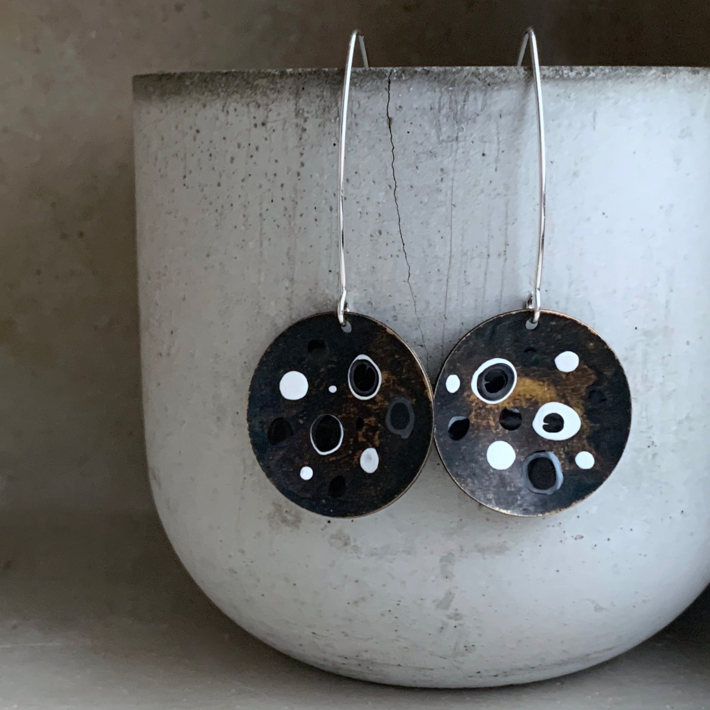 Brass and Sterling Silver Earrings with Enamel 'White & Black – Dotted Circles'