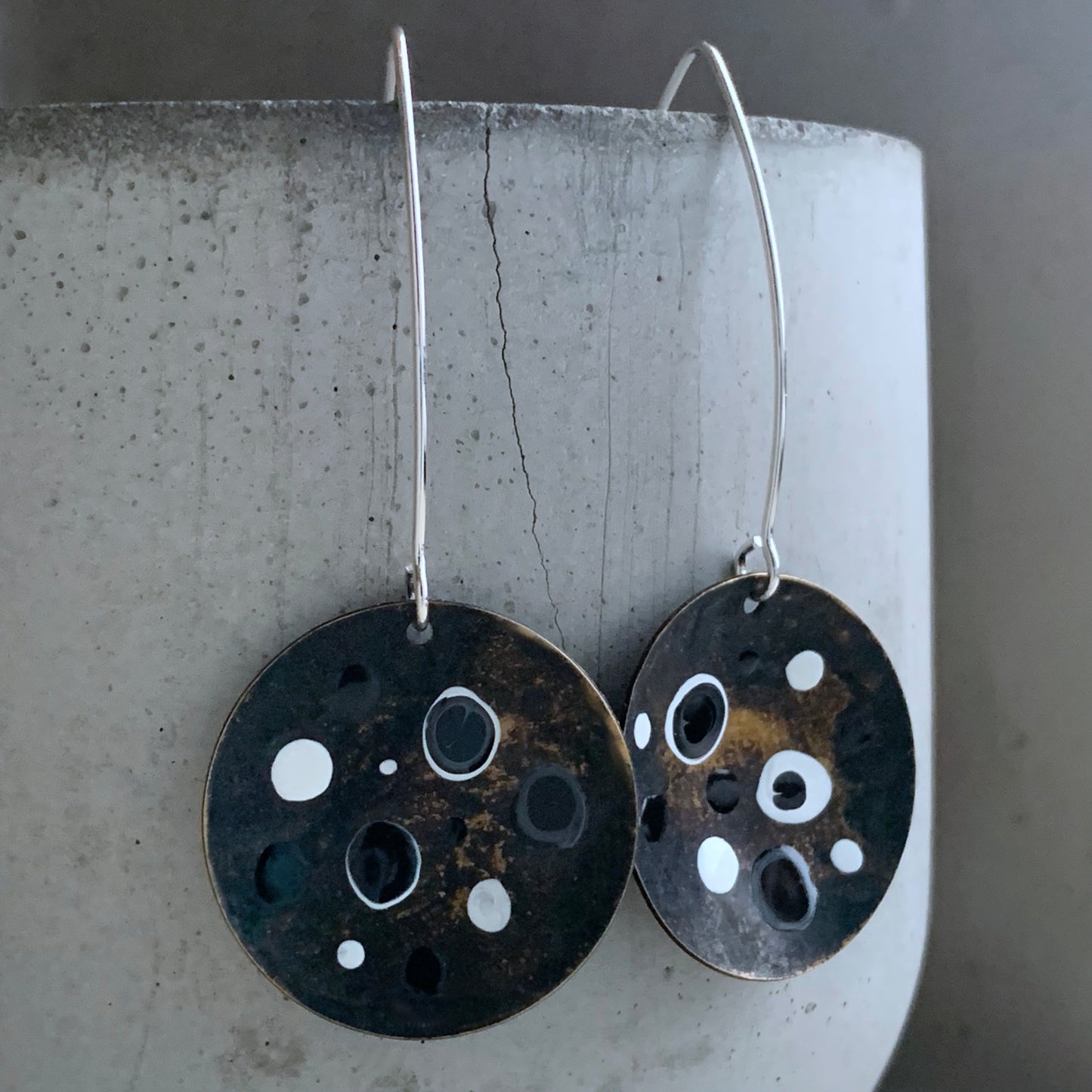 Brass and Sterling Silver Earrings with Enamel 'White & Black – Dotted Circles'
