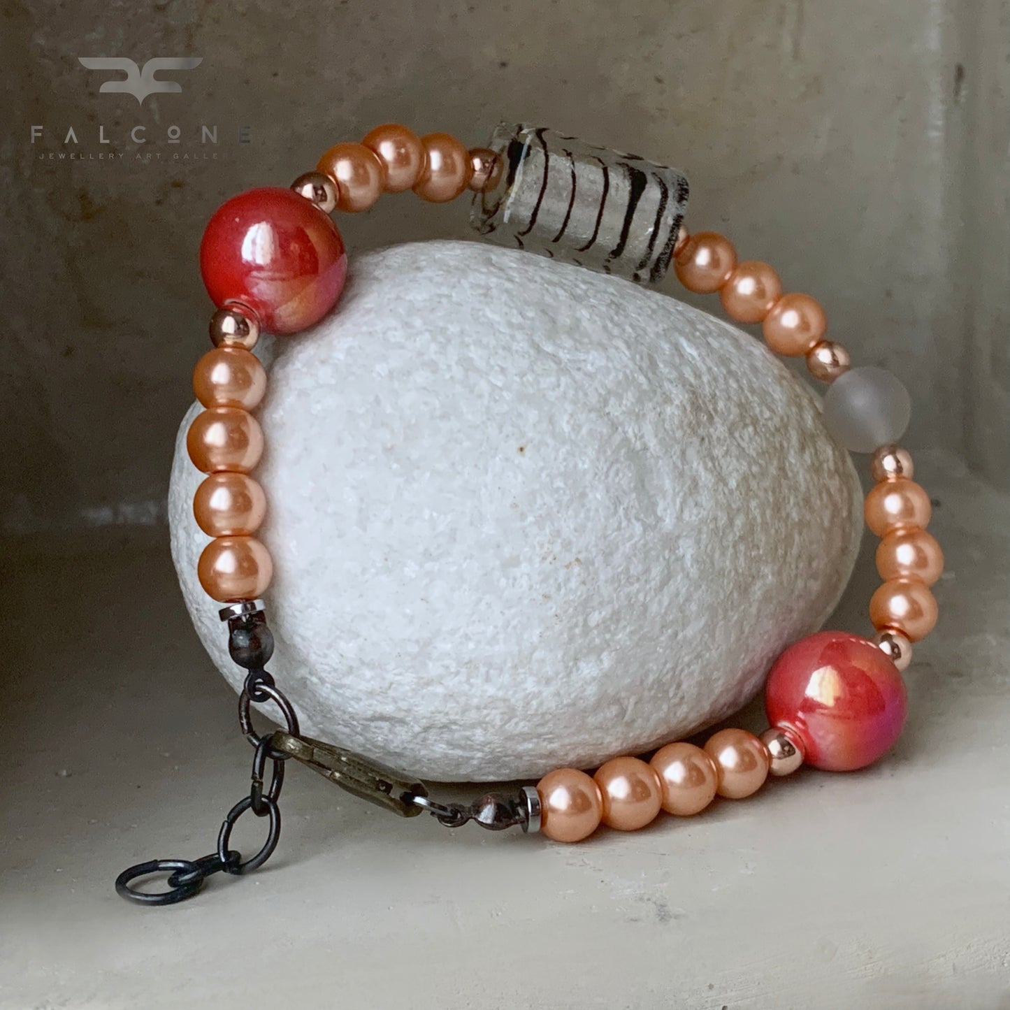 Adjustable bracelet of glass pearls, Venetian glass, gemstones and ceramics 'In the Clouds'