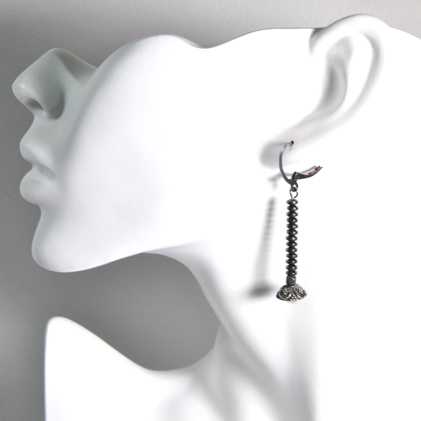 Artisan silver earrings with hematite 'Black Silver Flower'