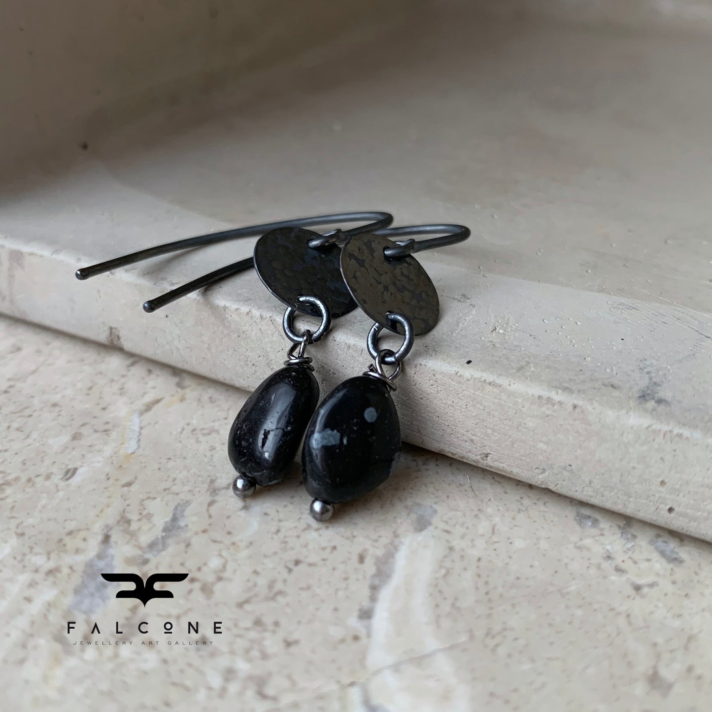 Silver earrings with obsidian nuggets 'Dalmatian in Negative'