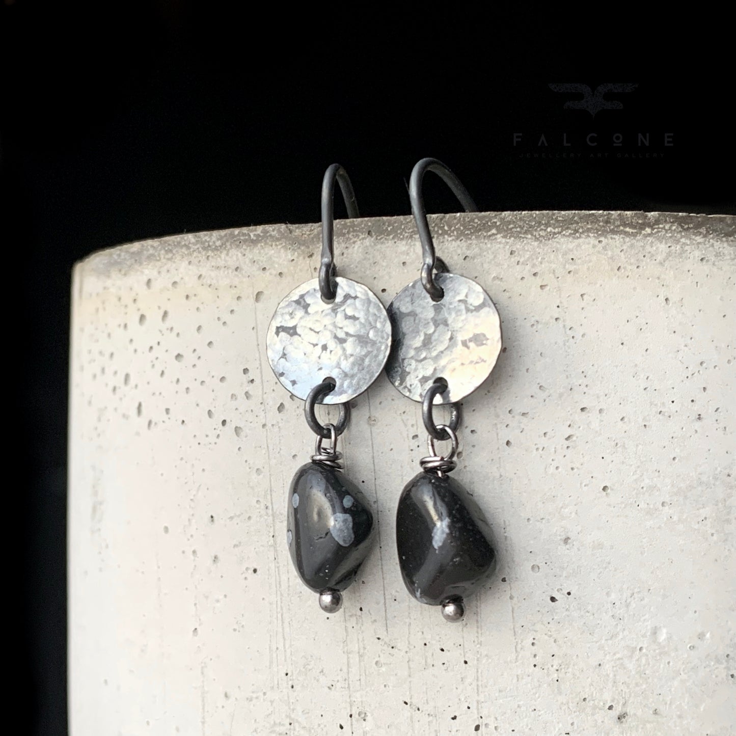 Silver earrings with obsidian nuggets 'Dalmatian in Negative'