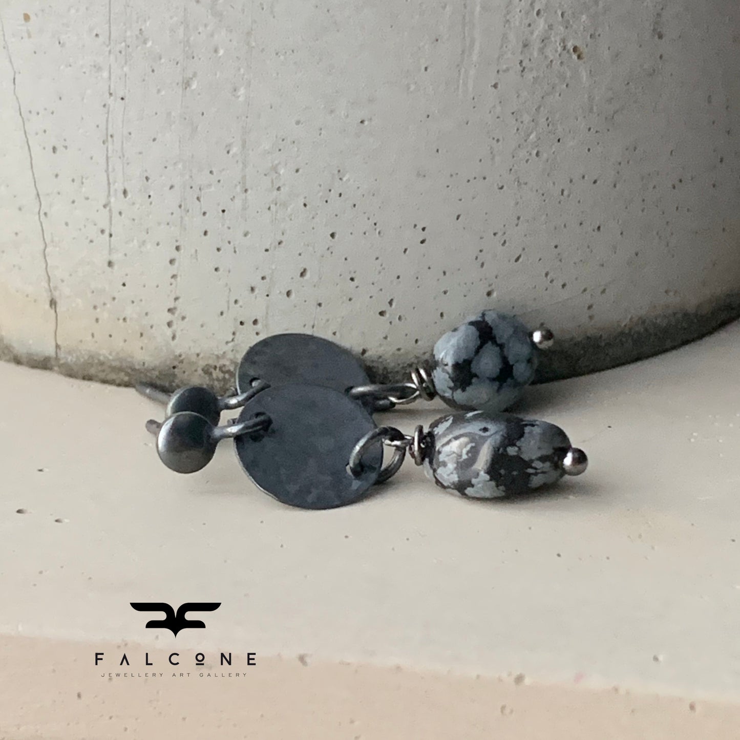 Silver stud earrings with obsidian nuggets 'Dalmatian in Negative'