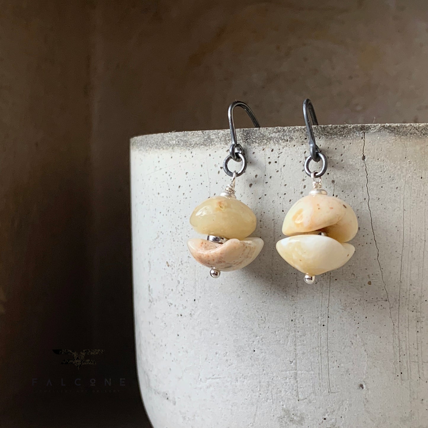 Silver earrings with plated hematite and Peruvian opal 'Broken'