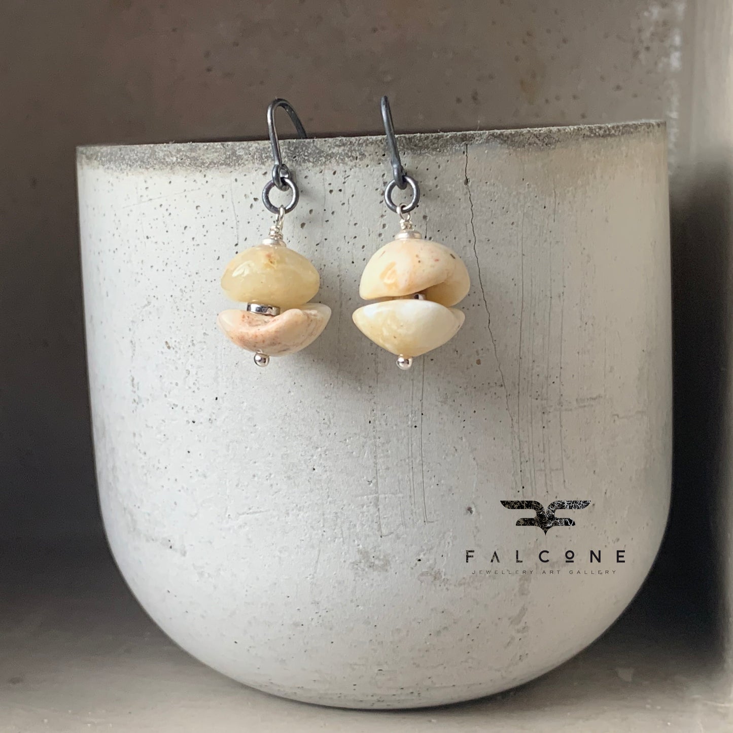 Silver earrings with plated hematite and Peruvian opal 'Broken'
