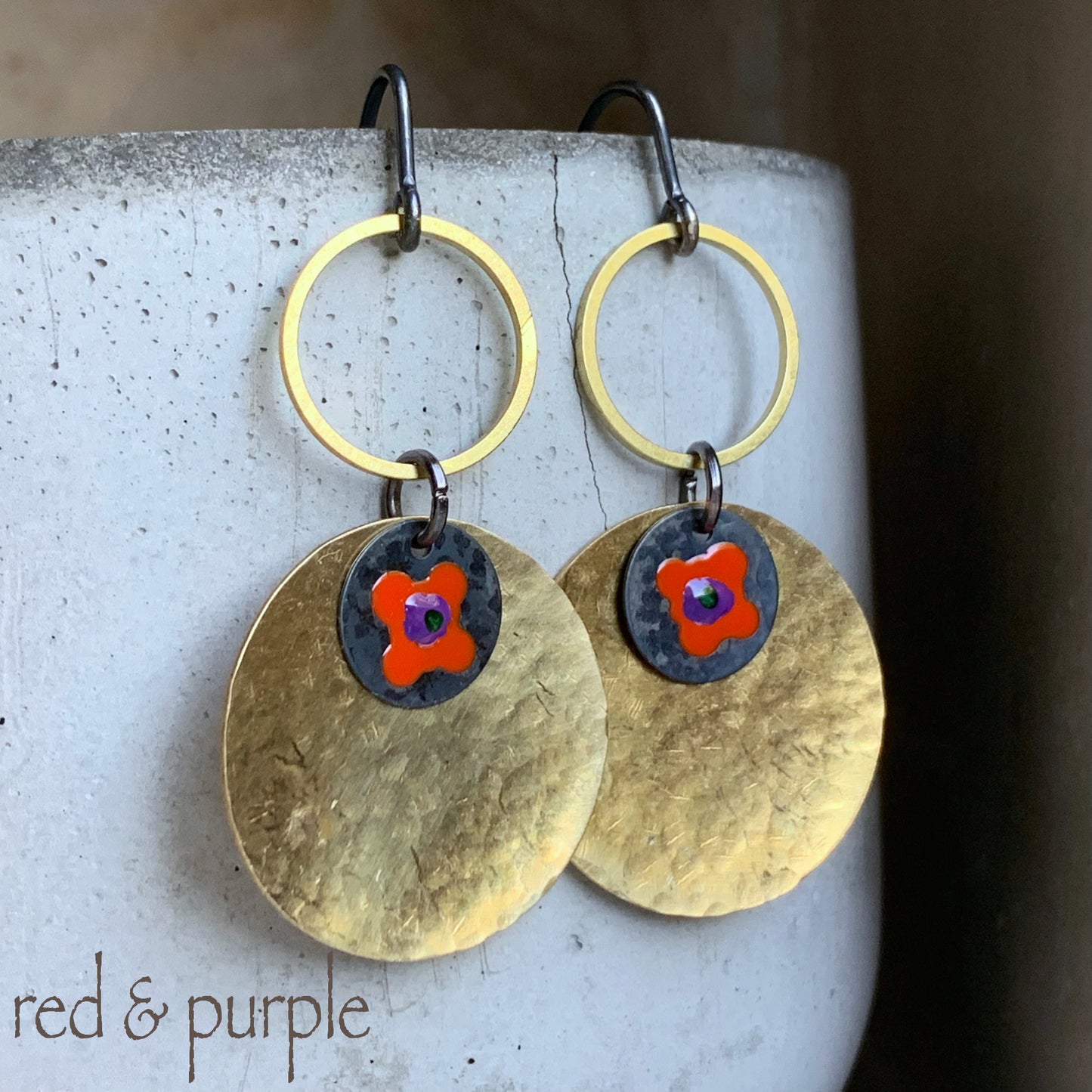 Earrings in brass & silver 'Red Flower in Gold'