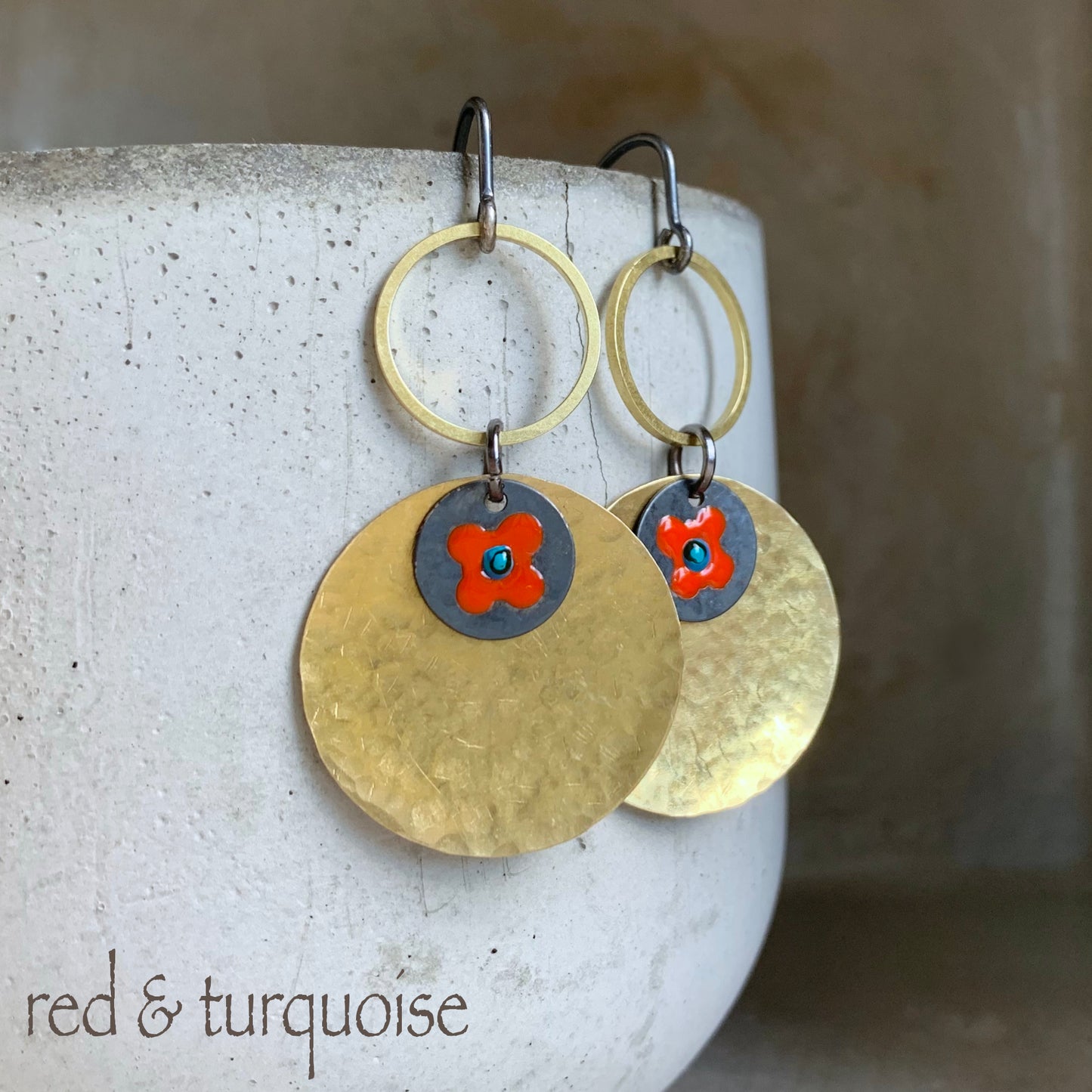 Earrings in brass & silver 'Red Flower in Gold'