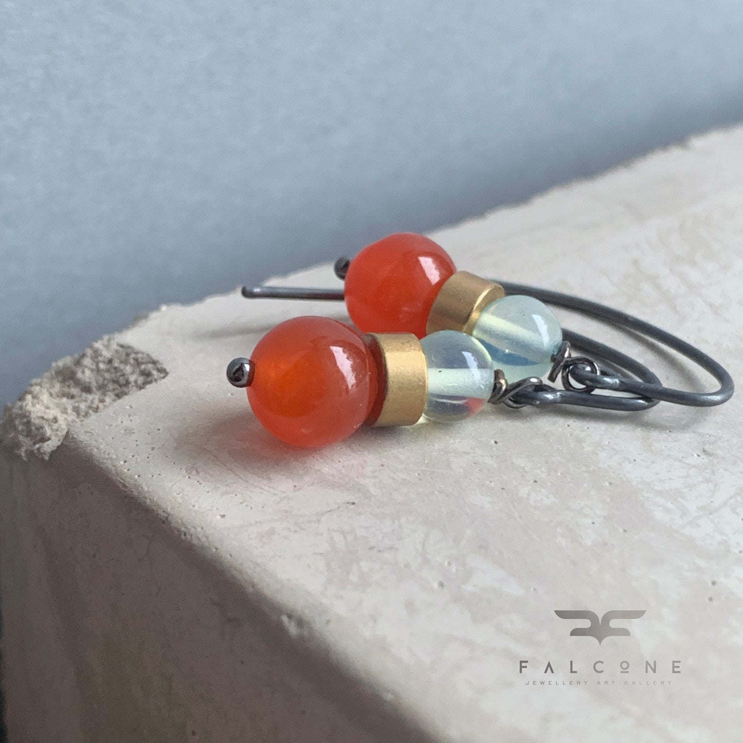 Gemstone, Brass and Silver Earrings 'Oniric & Orange'