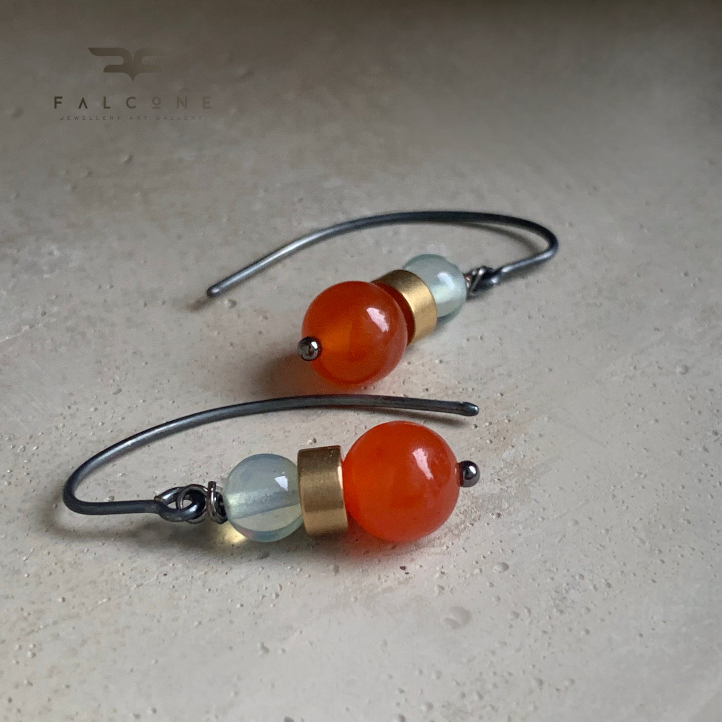 Gemstone, Brass and Silver Earrings 'Oniric & Orange'
