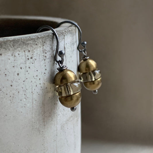 Smoky Quartz, Brass and Sterling Silver Earrings 'Moroccan Lantern'