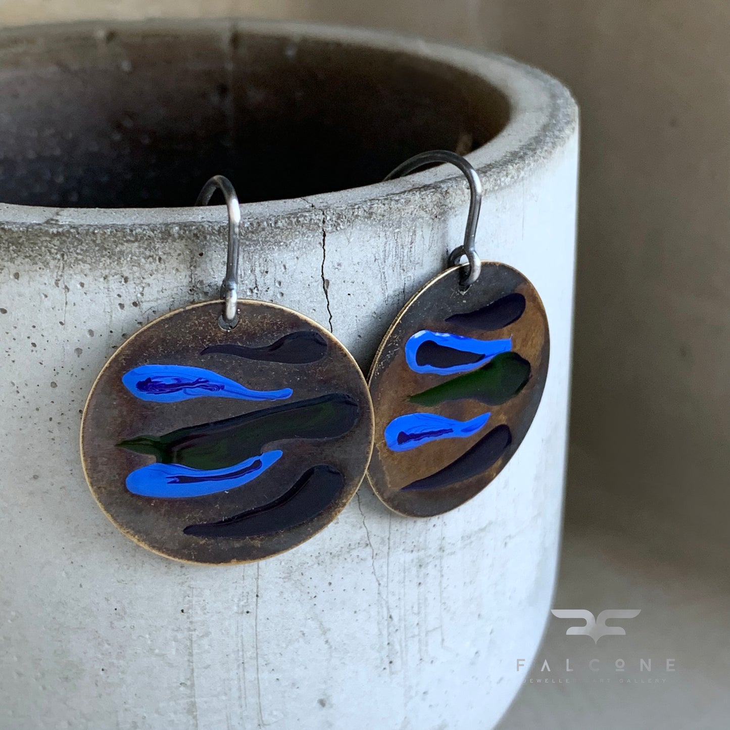 Brass and Silver Earrings with Enamel 'Dark Fish'