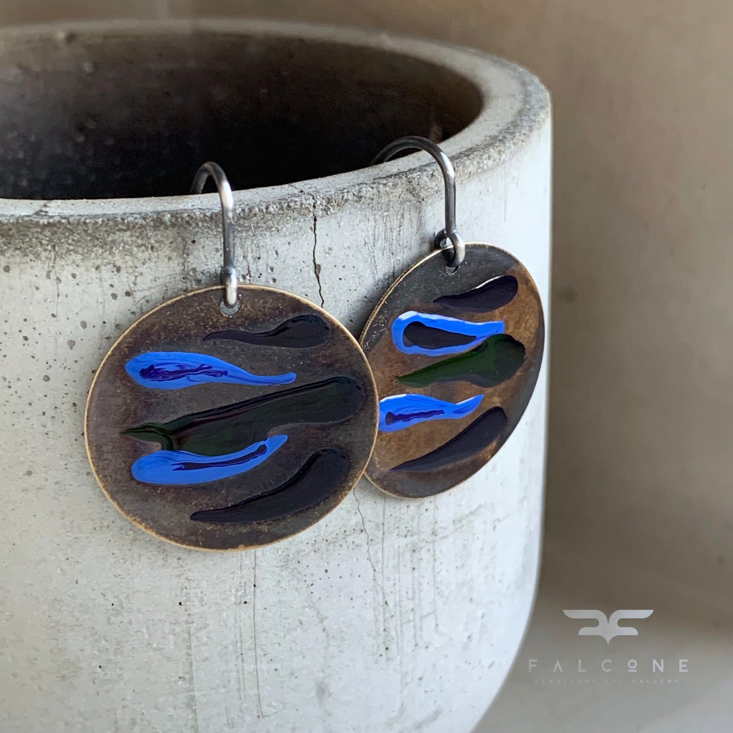 Brass and Silver Earrings with Enamel 'Dark Fish'