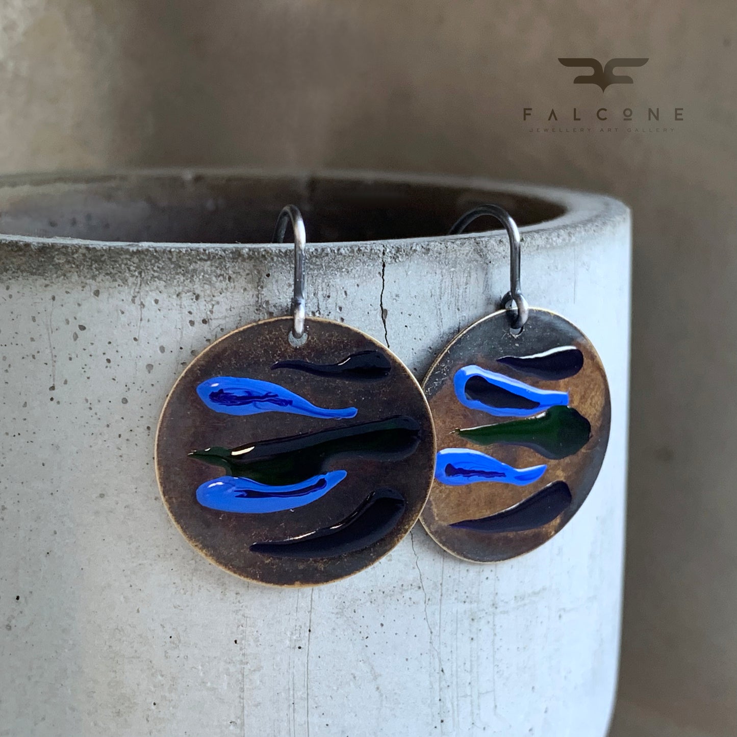 Brass and Silver Earrings with Enamel 'Dark Fish'