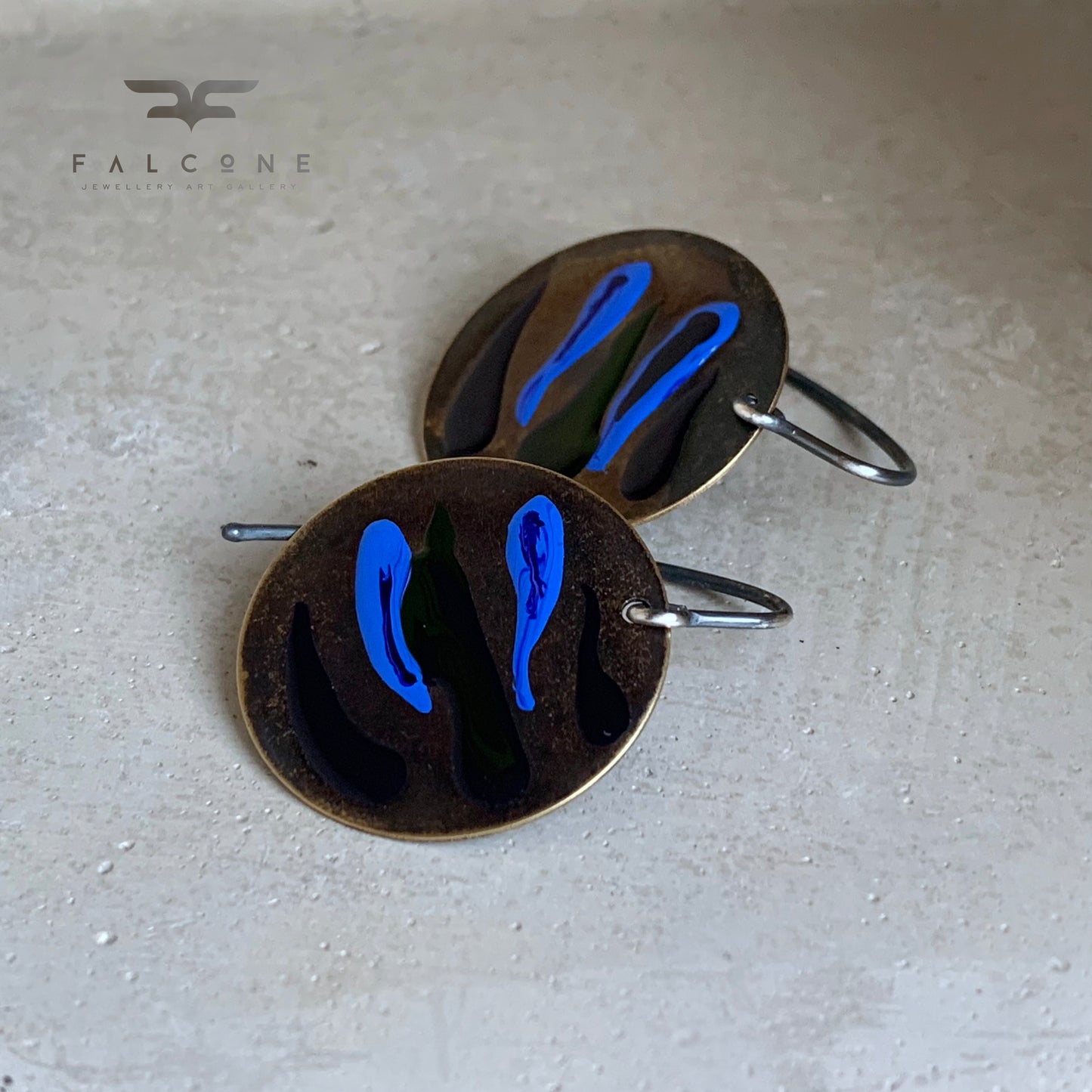 Brass and Silver Earrings with Enamel 'Dark Fish'