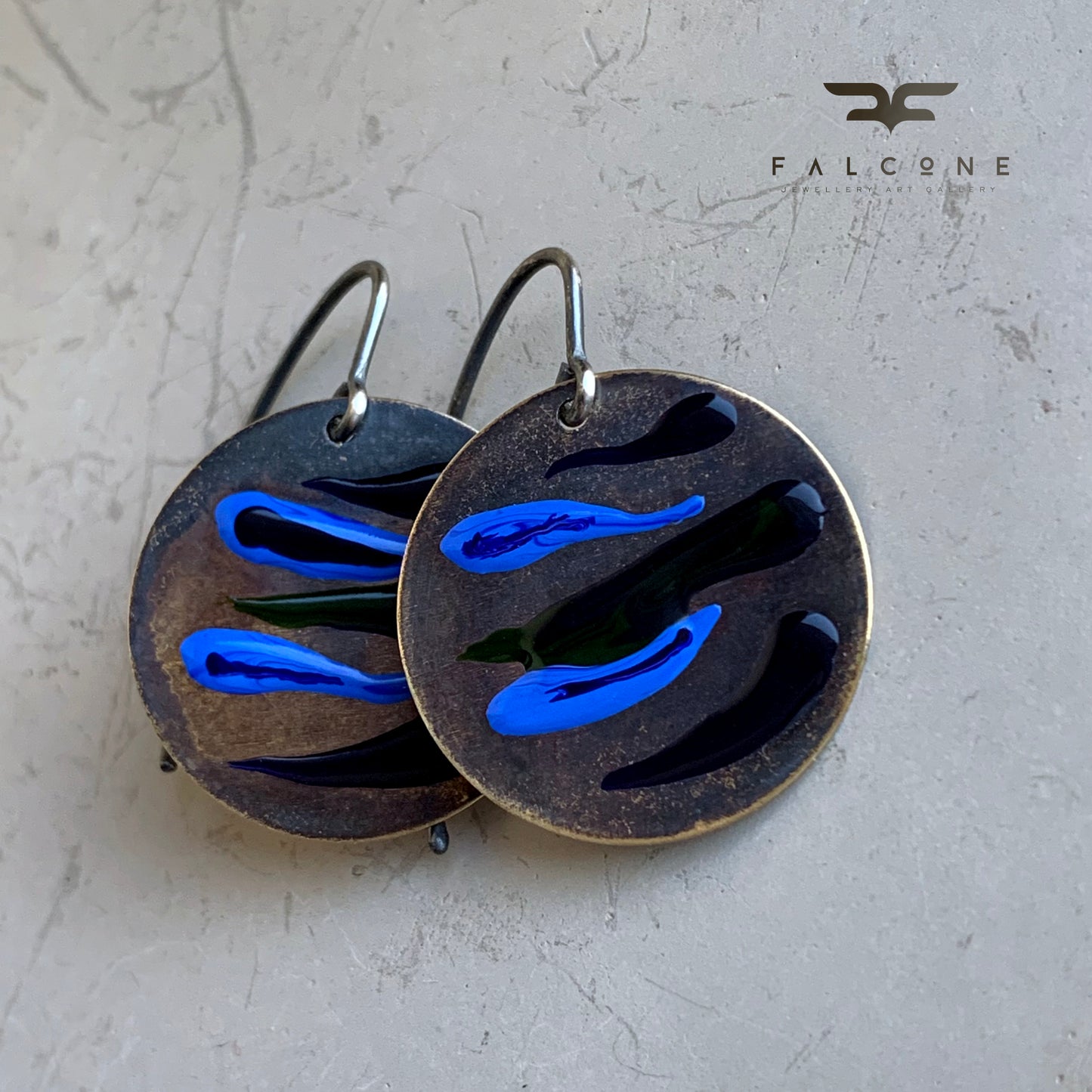 Brass and Silver Earrings with Enamel 'Dark Fish'