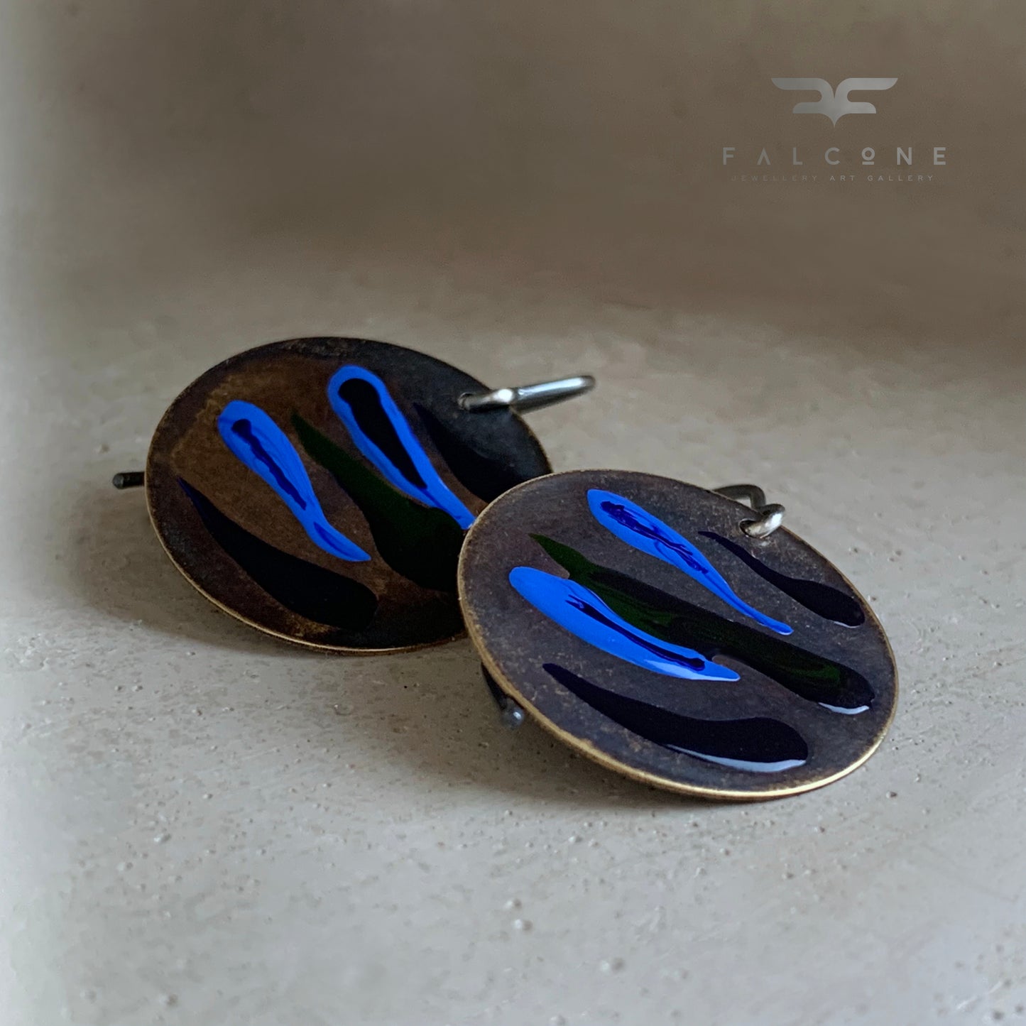 Brass and Silver Earrings with Enamel 'Dark Fish'