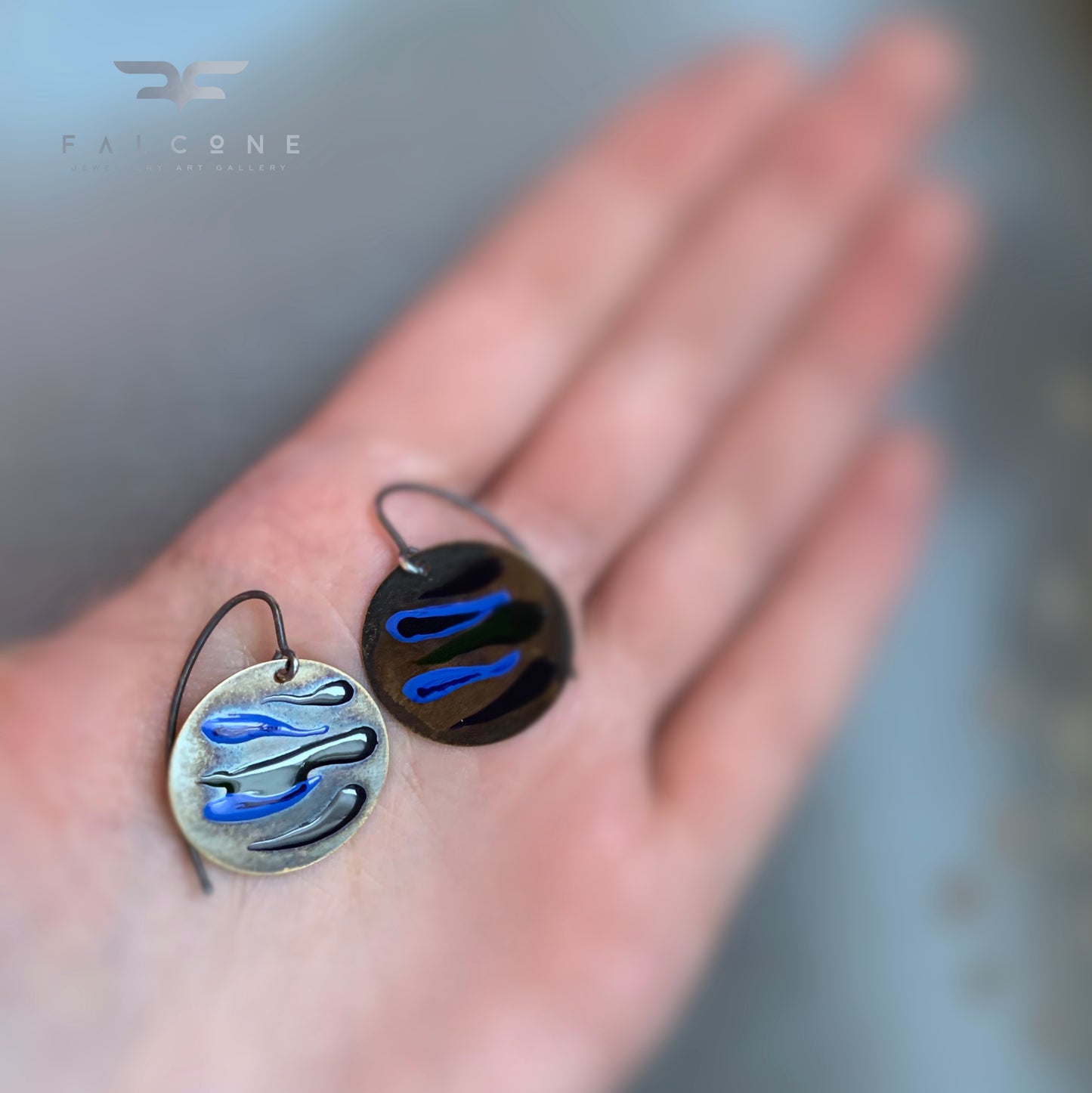 Brass and Silver Earrings with Enamel 'Dark Fish'