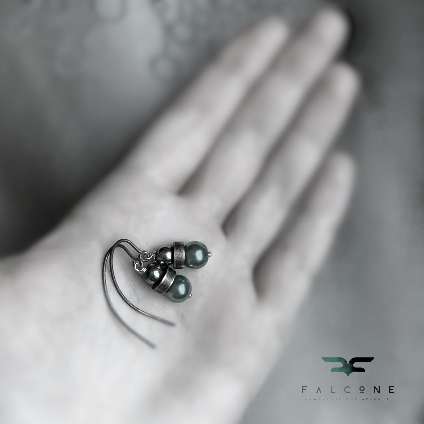 Brass, Silver, Hematite and Glass Pearl Earrings 'Green Scarab'