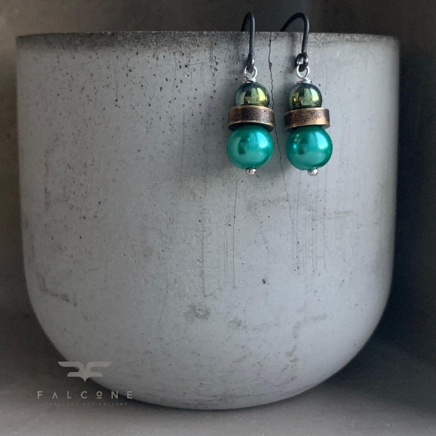 Brass, Silver, Hematite and Glass Pearl Earrings 'Green Scarab'