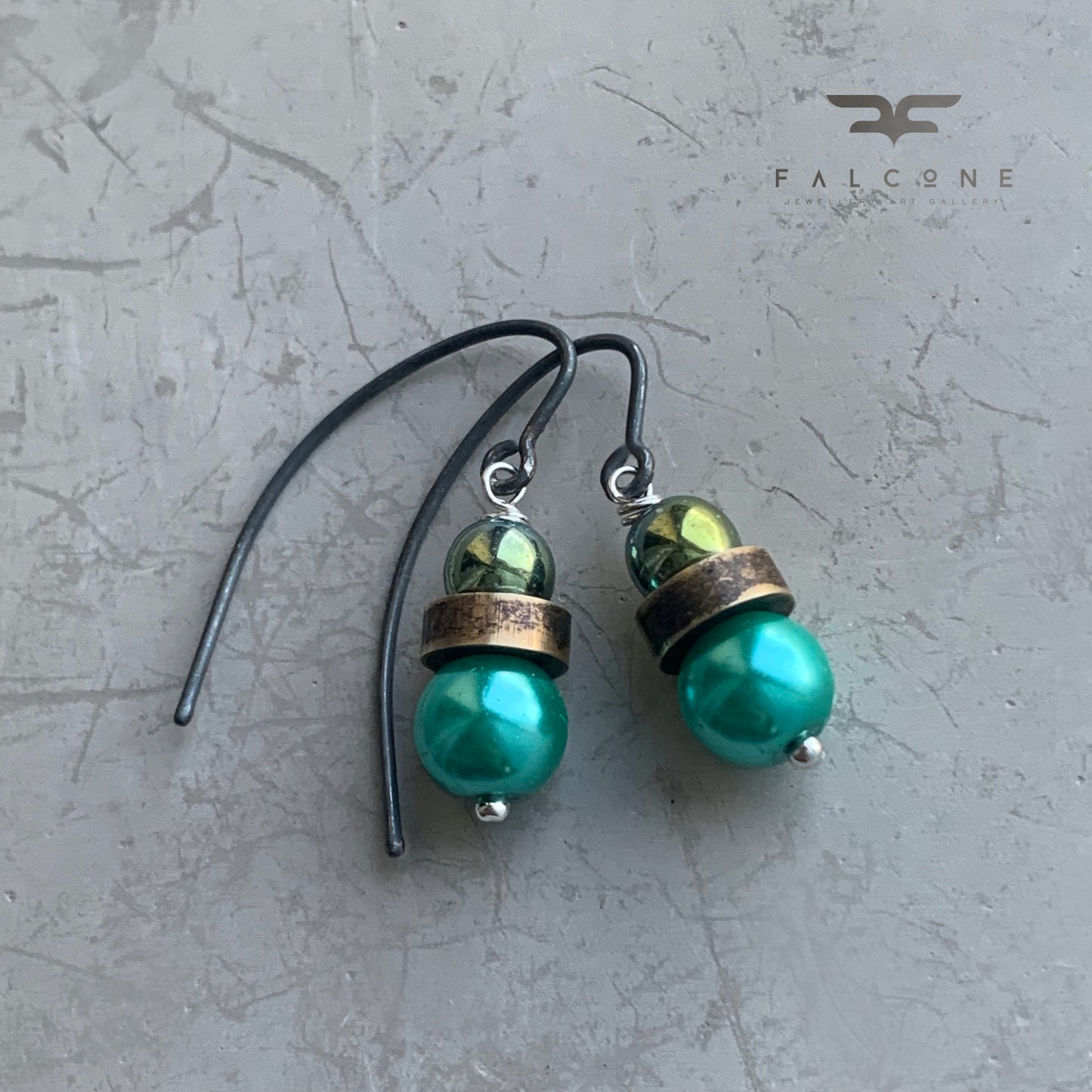 Brass, Silver, Hematite and Glass Pearl Earrings 'Green Scarab'
