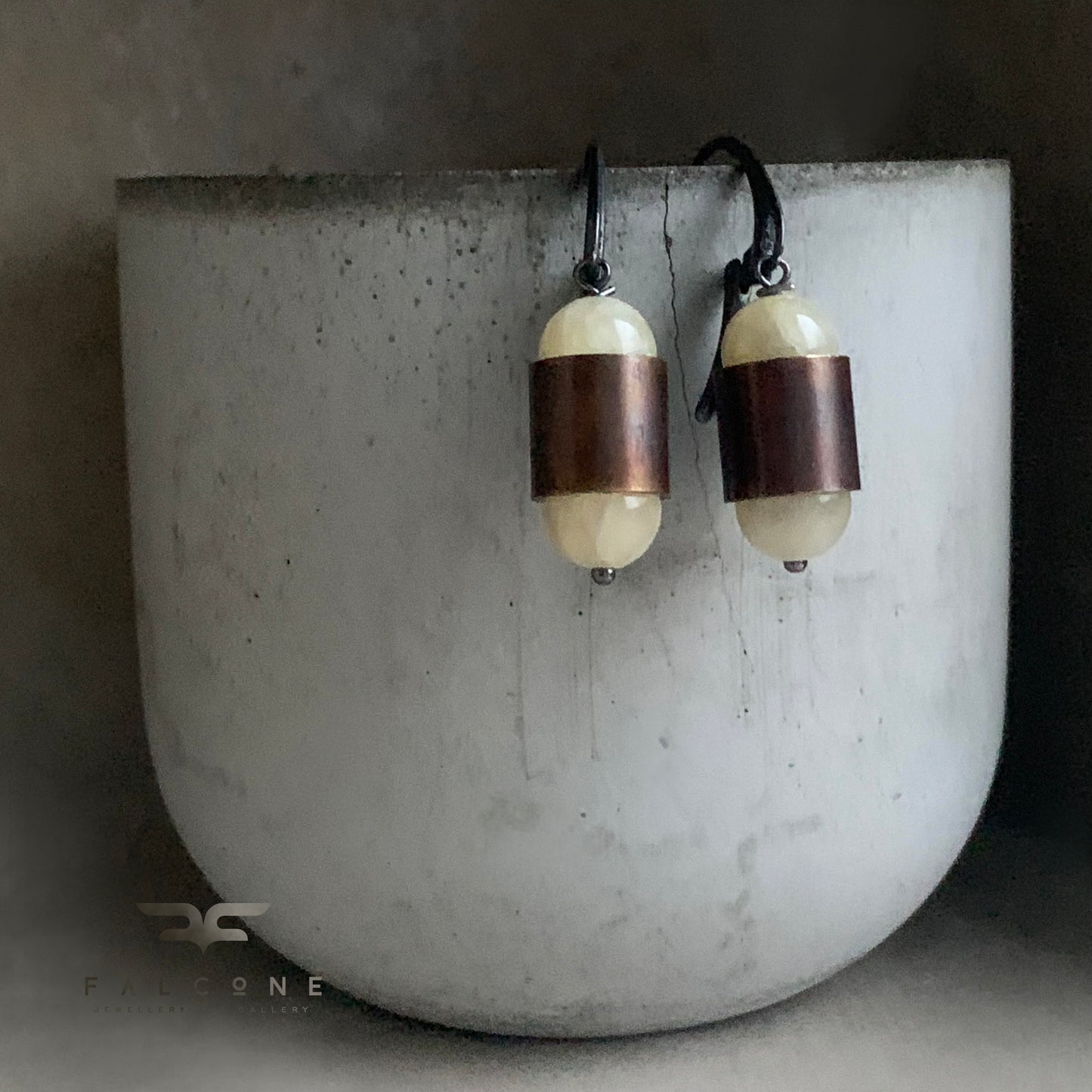 Jade, Brass and Sterling Silver Earrings 'Pastel Yellow & Velvet Brown'