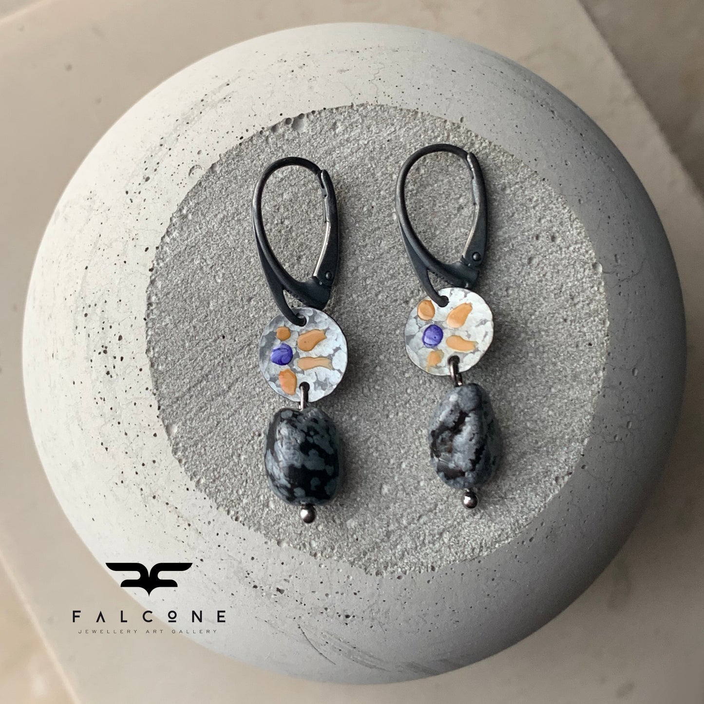 Silver and enamel earrings with obsidians 'Dalmatian in the Meadow'