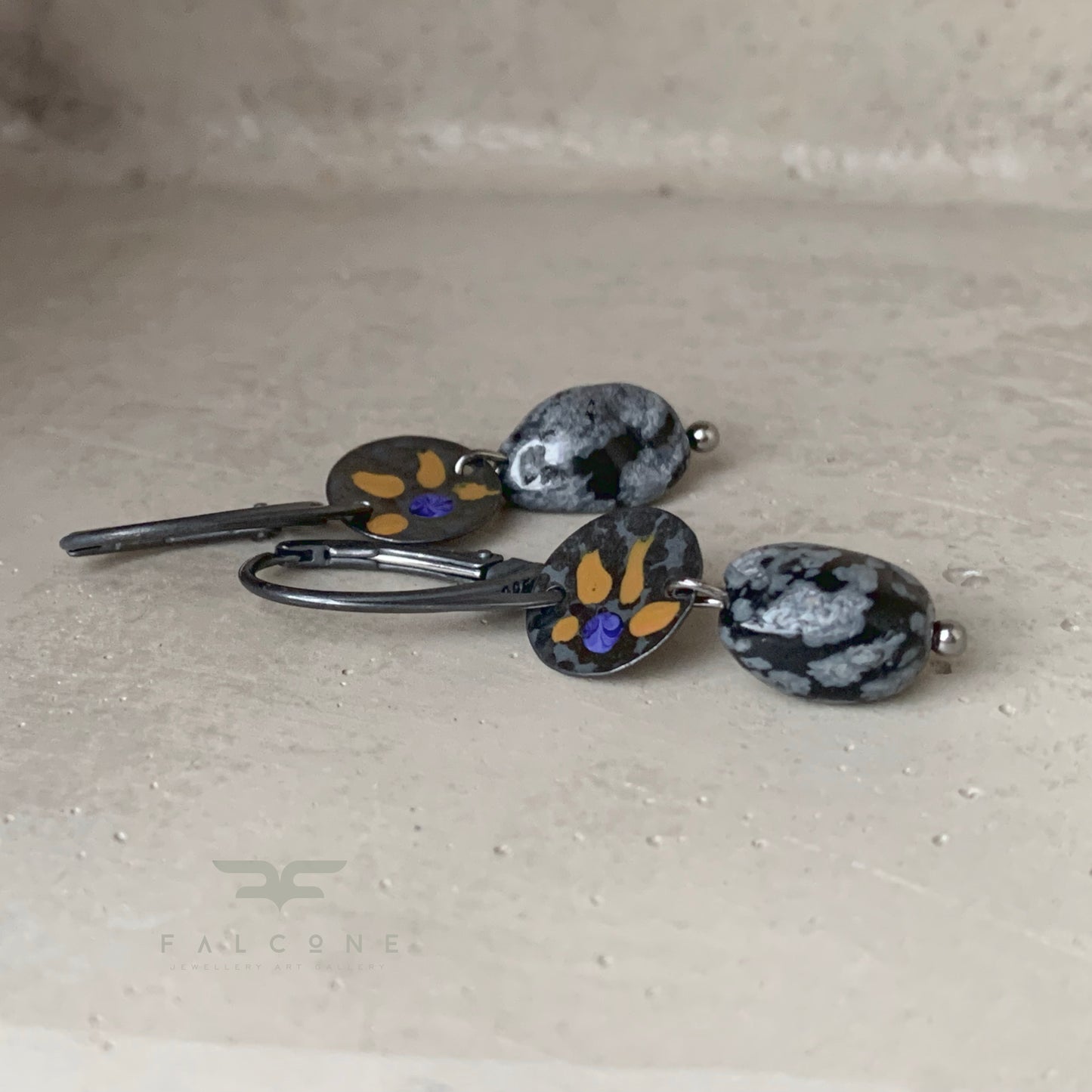 Silver and enamel earrings with obsidians 'Dalmatian in the Meadow'