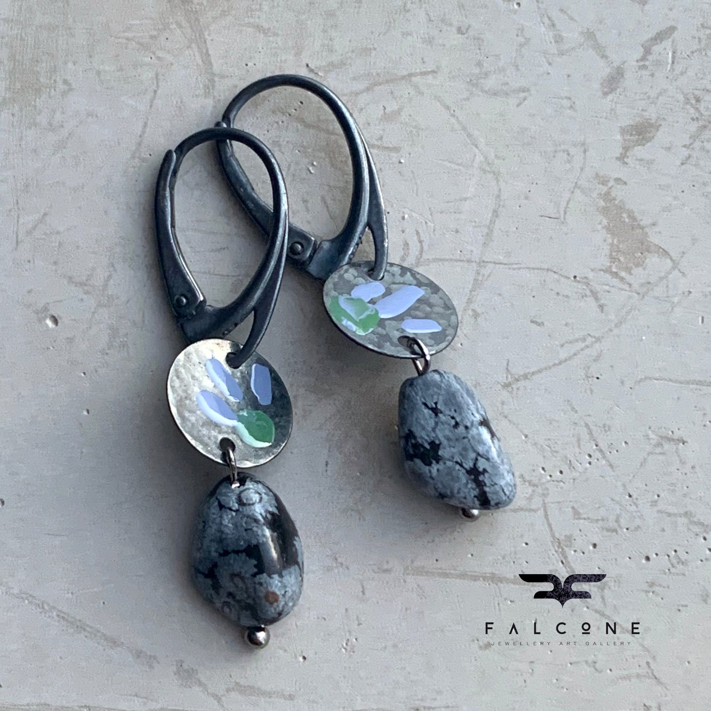 Earrings in silver and obsidian, with hand-enameled flowers 'Dalmatians on the Heath'