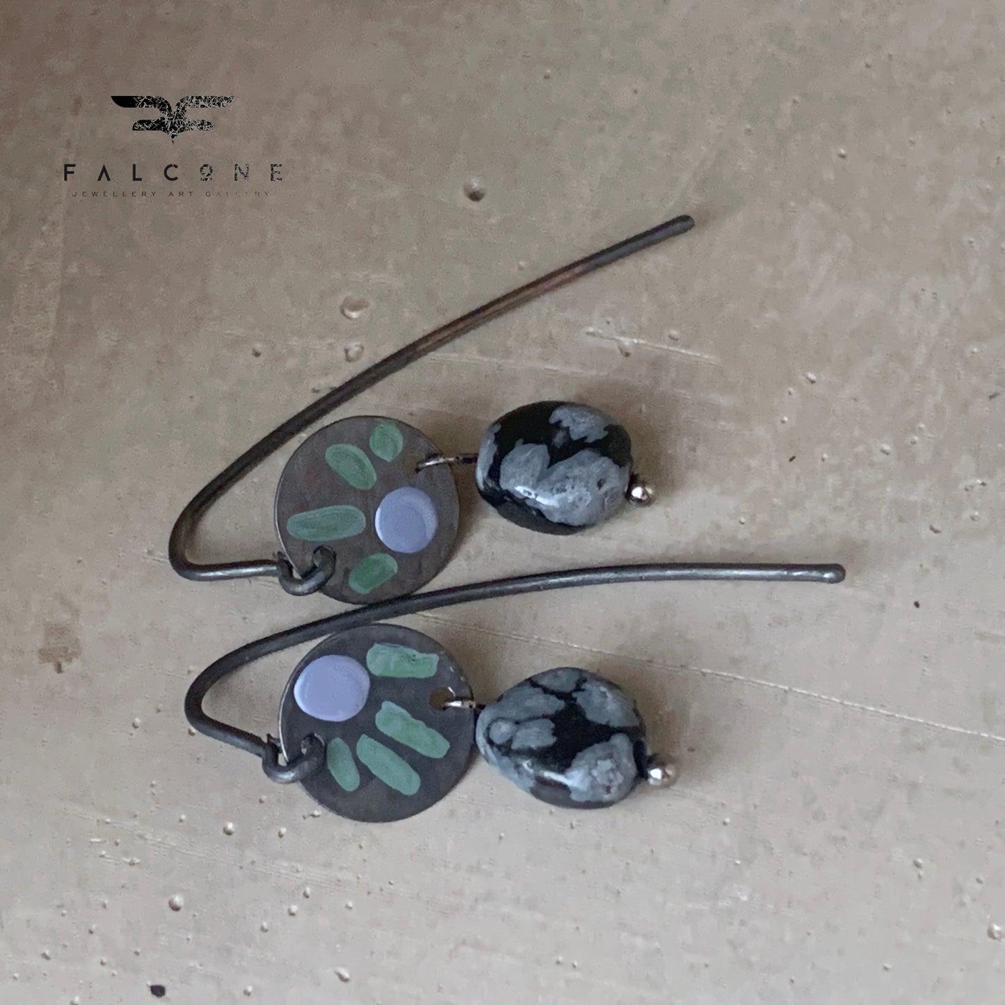 Silver earrings with obsidians 'Dalmatians in Negative - heather and green'