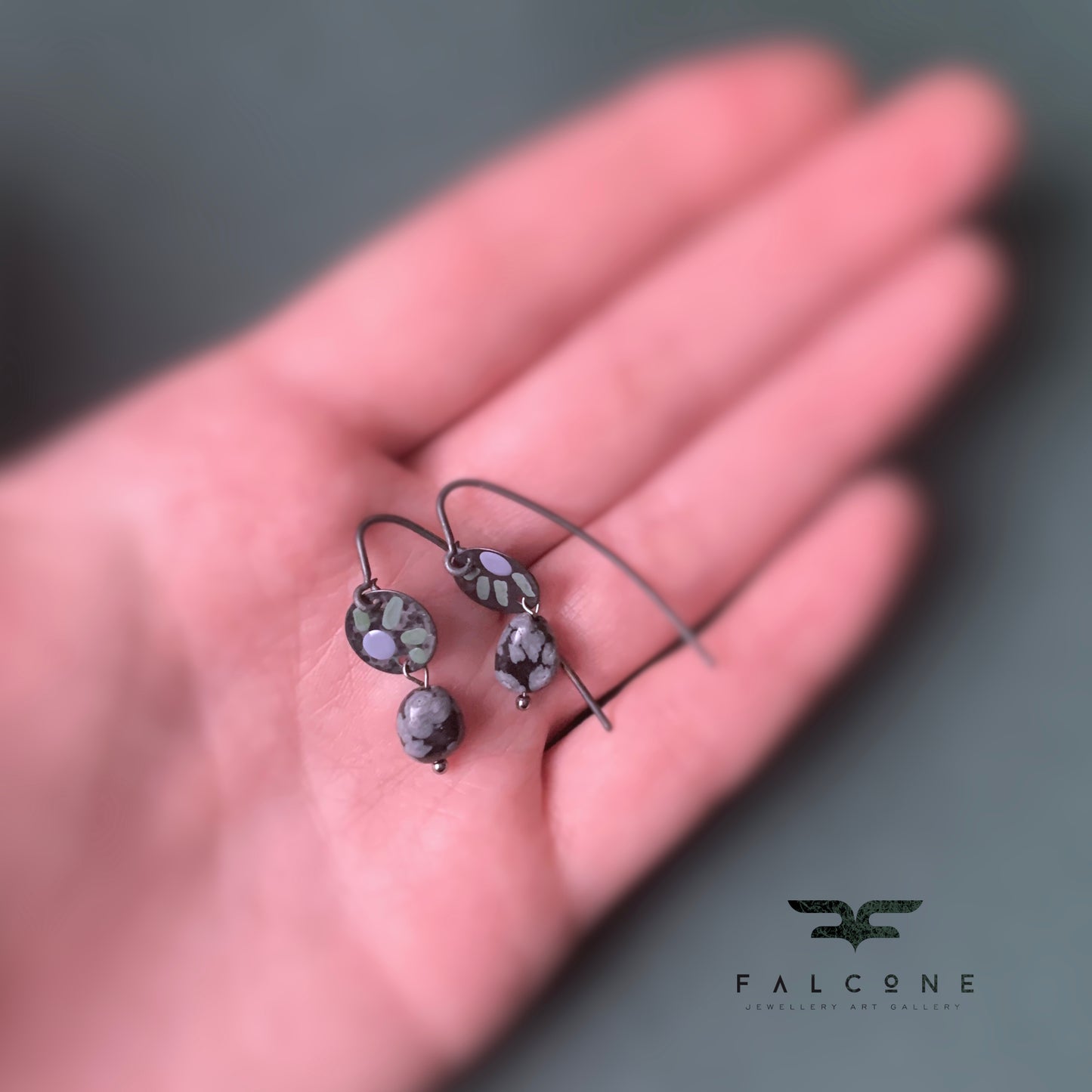 Silver earrings with obsidians 'Dalmatians in Negative - heather and green'