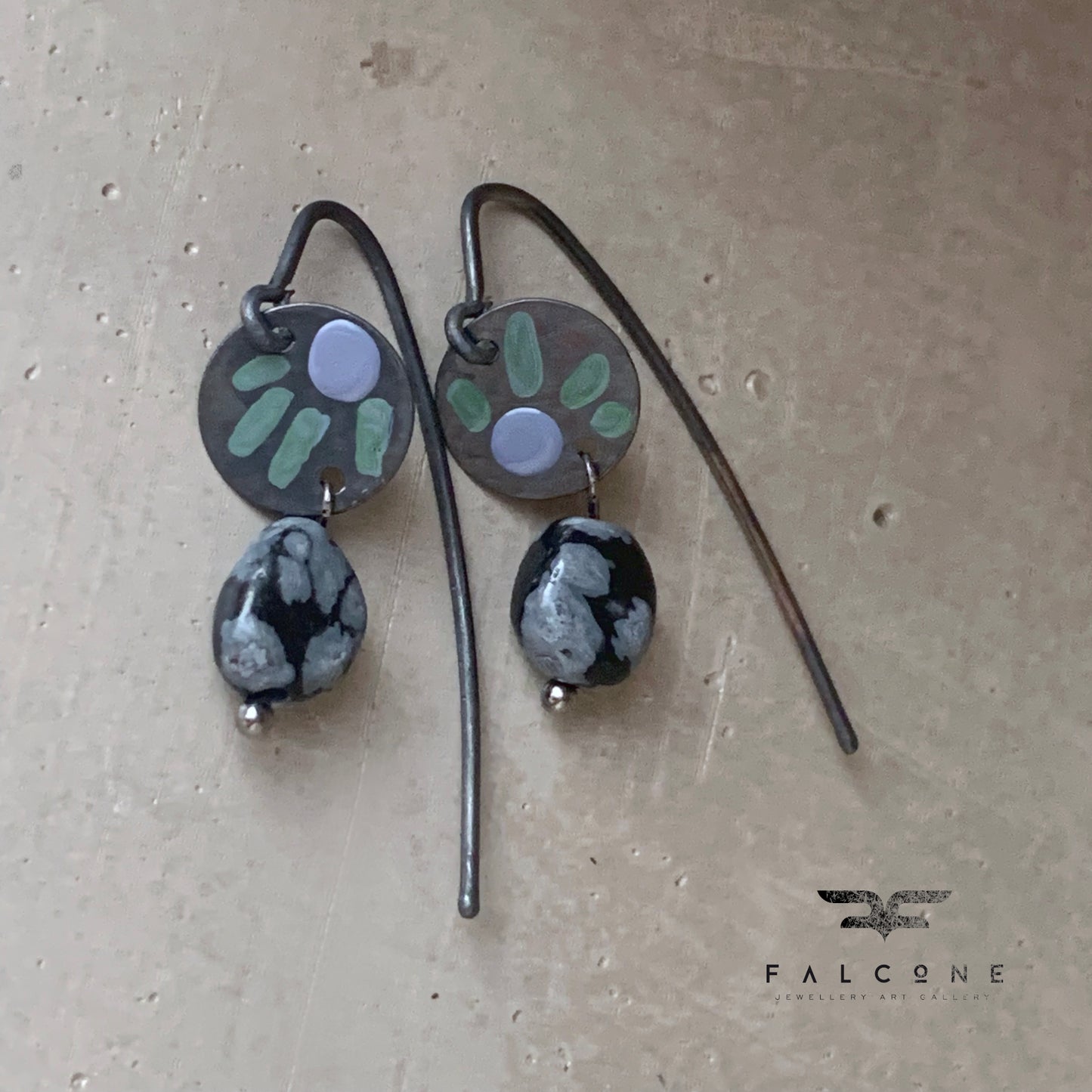 Silver earrings with obsidians 'Dalmatians in Negative - heather and green'