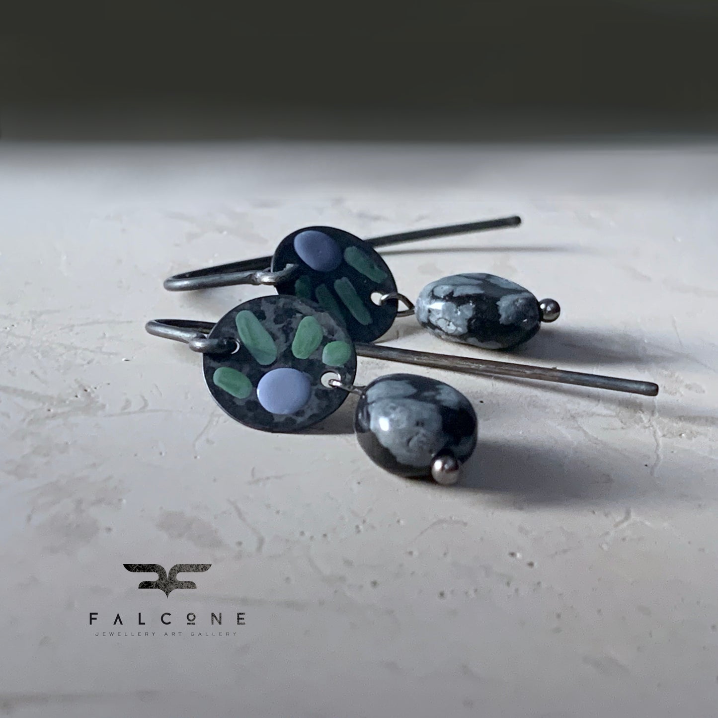 Silver earrings with obsidians 'Dalmatians in Negative - heather and green'